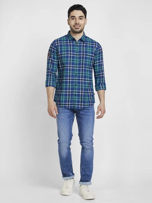 Buy Spykar Men Teal Cotton Regular Slim Fit Full Sleeve Checks