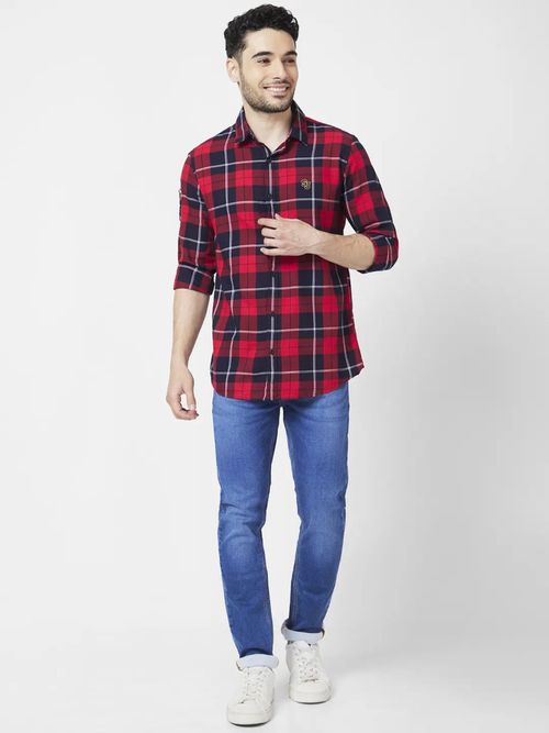 Buy Spykar Men Red Cotton Regular Slim Fit Full Sleeve Checks