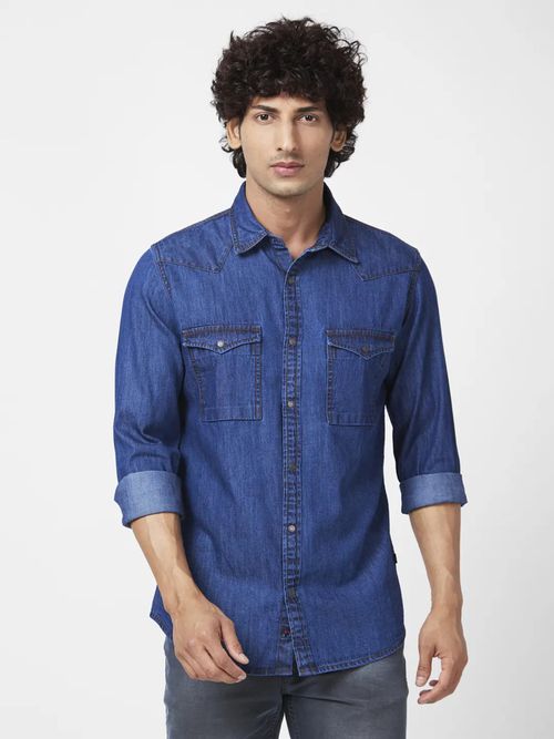Buy Spykar Men Dark Blue Cotton Regular Slim Fit Full Sleeve
