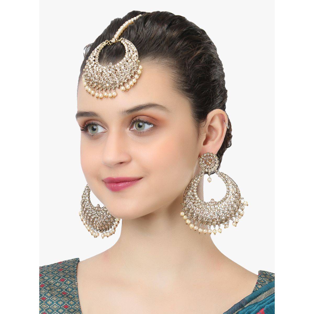 Adwitiya Gold Plated Stone Earring and Maangtikka
