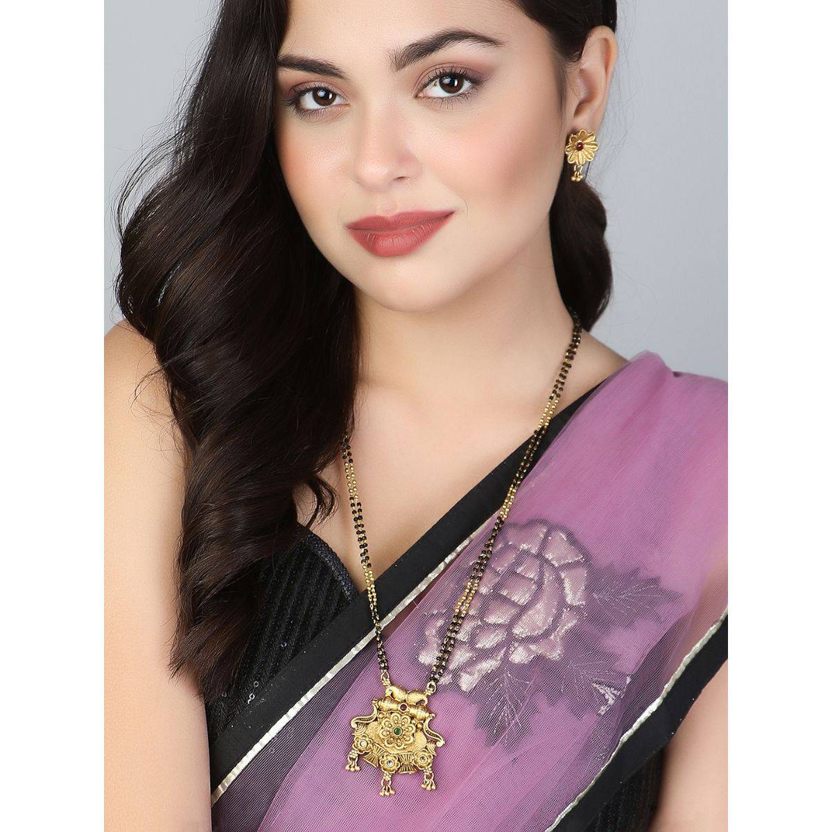 Adwitiya Gold Plated Stone Studded with Golden Pearls Traditional Mangalsutra