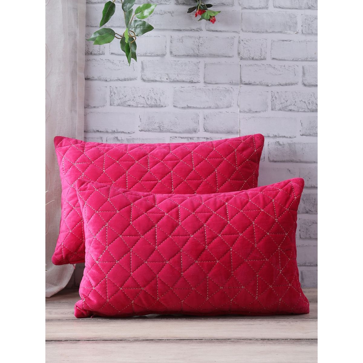 eyda Super Soft Velvet Fuchsia Color Set Of Quilted Cushion Cover-12X20  Inch