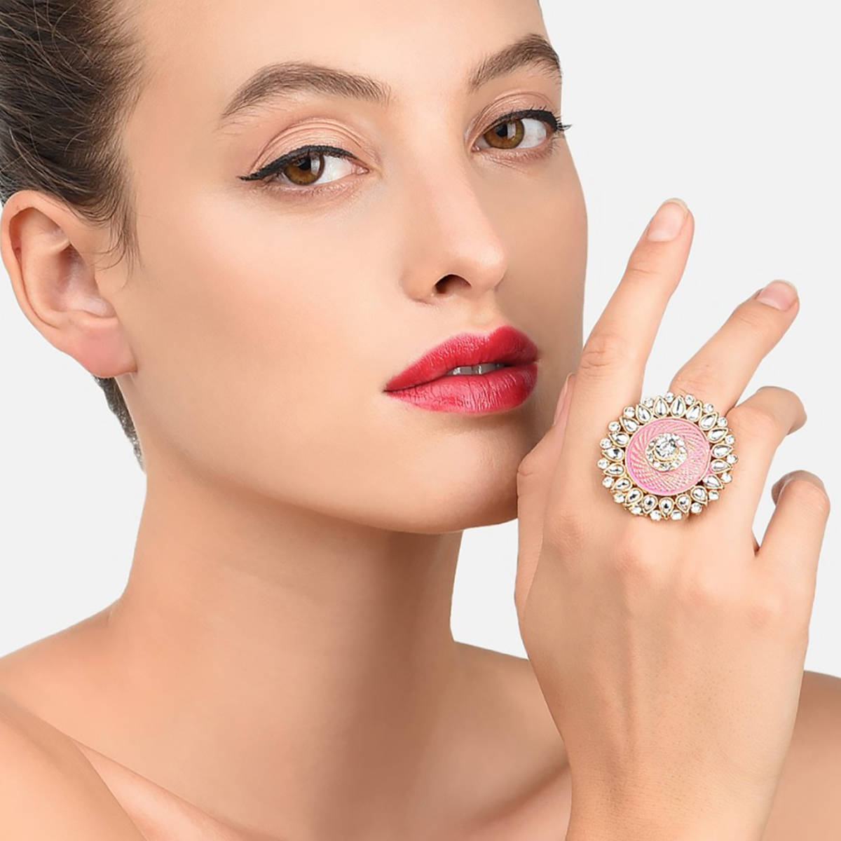 Zaveri Pearls Pastel Pink Meenakari Traditional Kundan Adjustable Finger Ring (ZPFK10174)