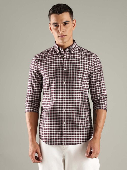 Tommy Hilfiger Maroon Checks Slim Fit Oxford Shirt