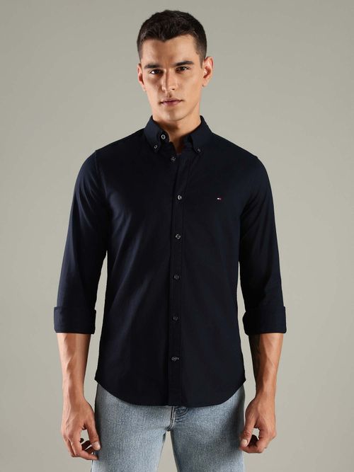 Tommy Hilfiger Navy Blue Solid Slim Fit Oxford Shirt