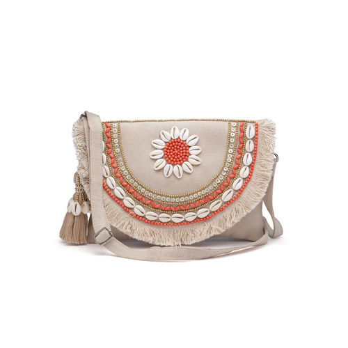 Buy Anekaant Sisal Cream Embellished Jute Sling Bag Online