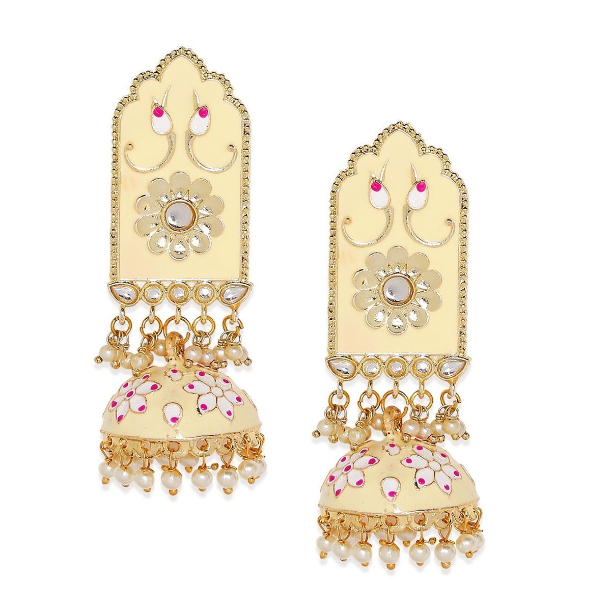 Fabula Gold Meenakari Enamel With Kundan & Pearls Ethnic Drop Earrings ...