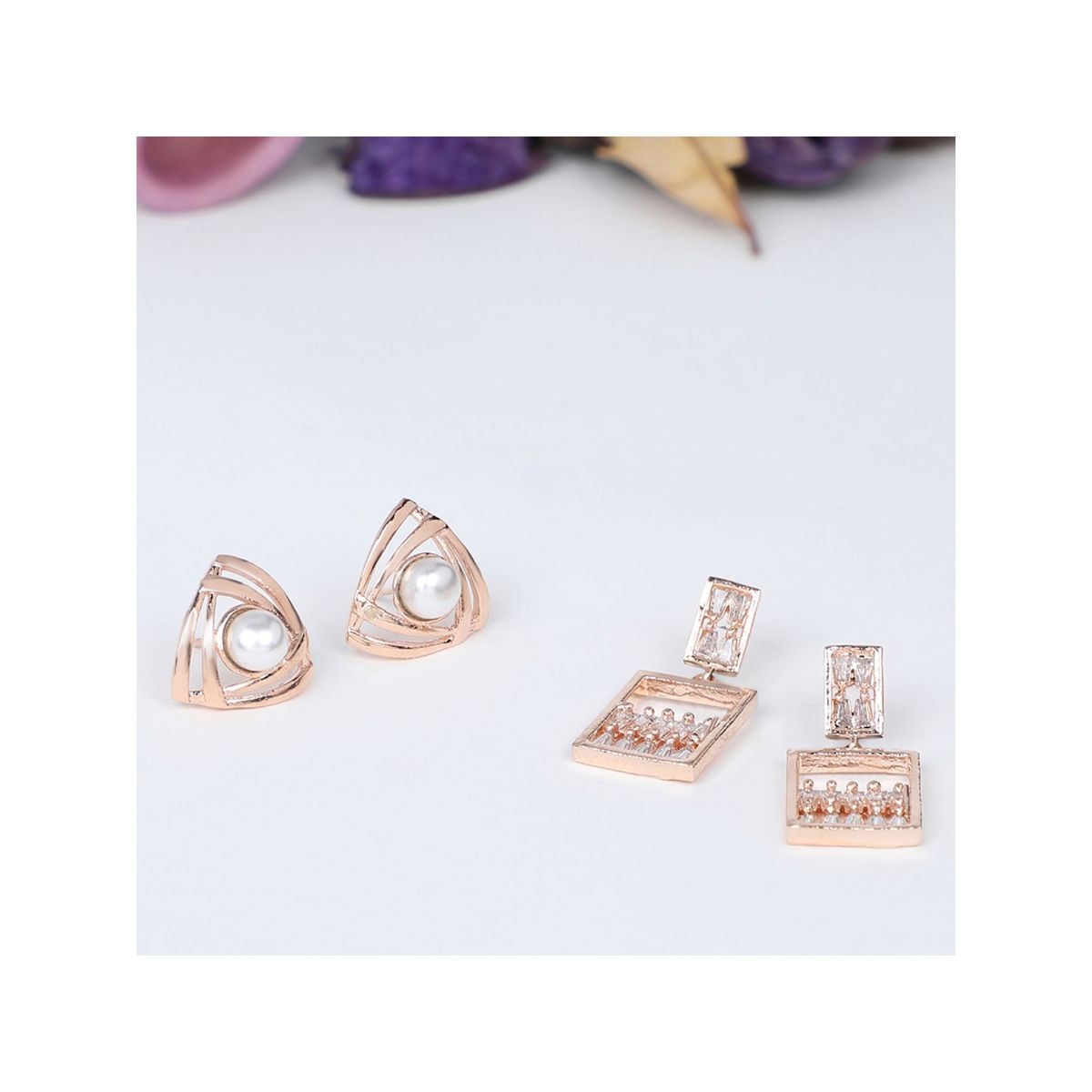 Zaveri Pearls Set of 2 Rose Gold Cubic Zirconia Brass Stud & Dangle Earrings-ZPFK11128