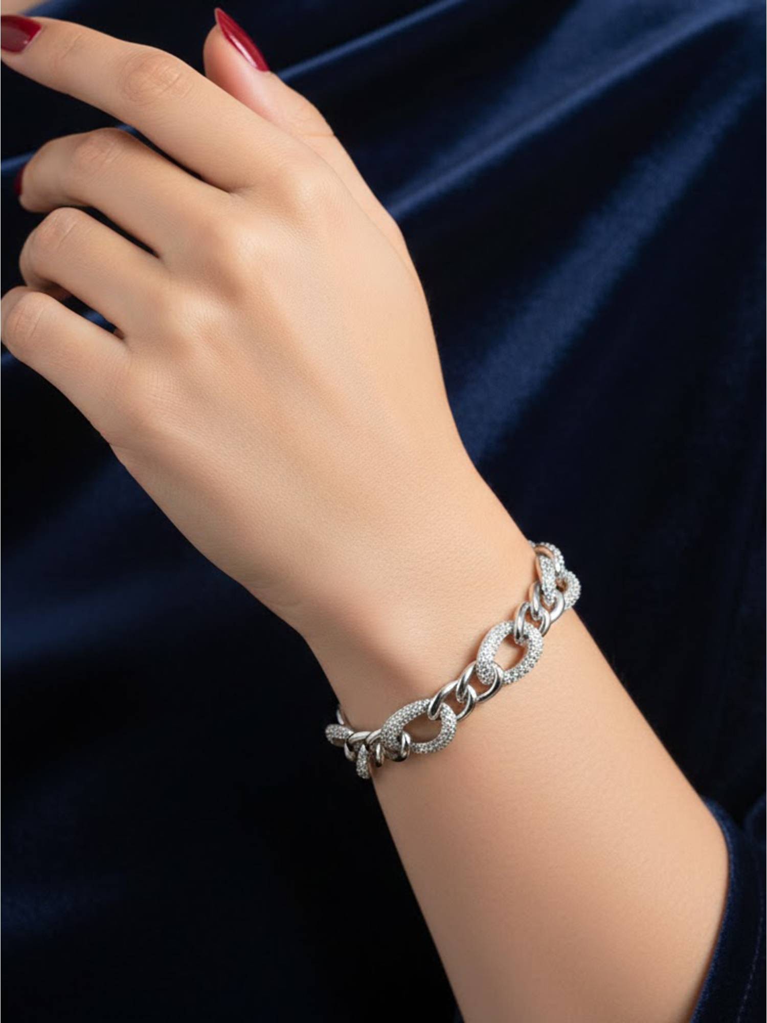 925 SILLER Two-Tone Textured White Gold Finish Link Bracelet