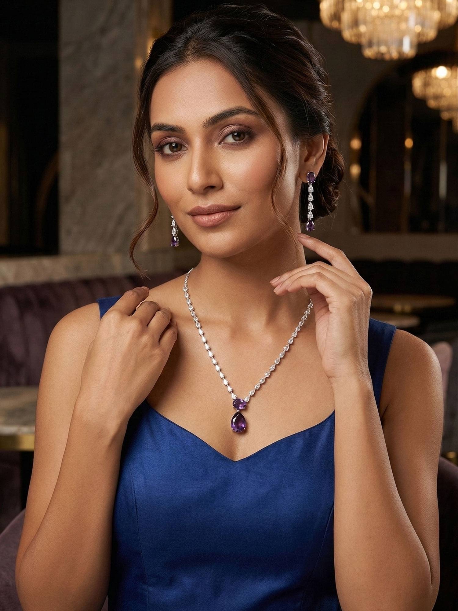 Niscka Elegant Silver Rhodium Purple White Teardrop Jewellery Set