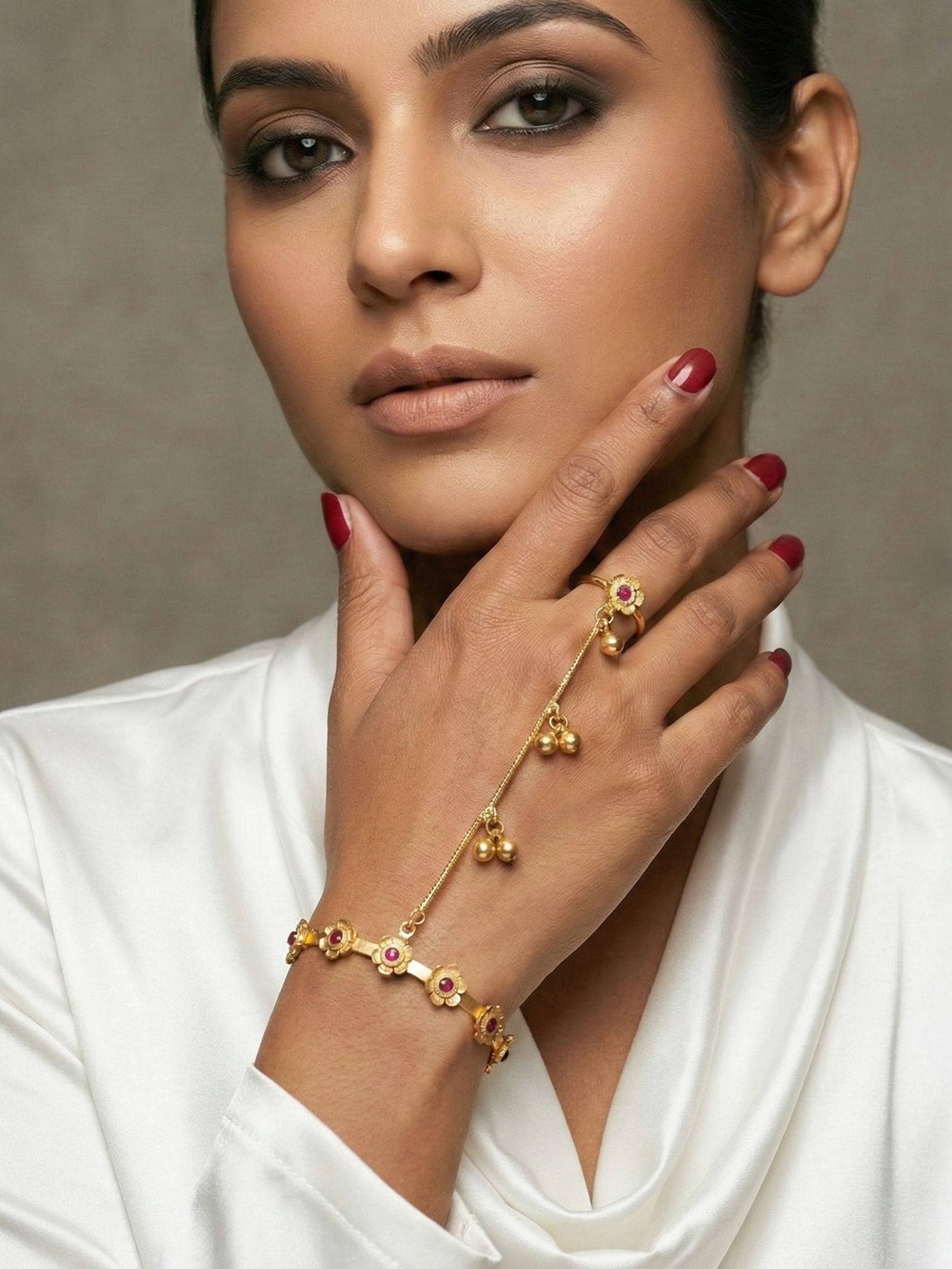 Niscka Gold Plated Pink Floral Ghungroo Haathphool