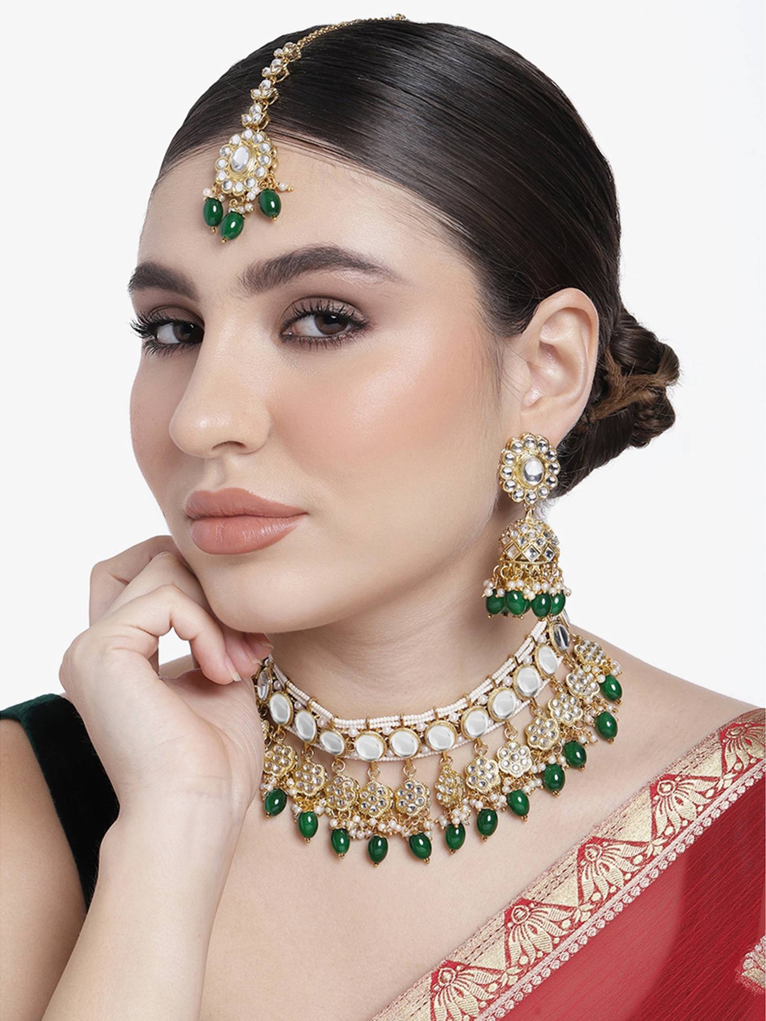 Peora Gold Plated Green Kundan Jewellery Set
