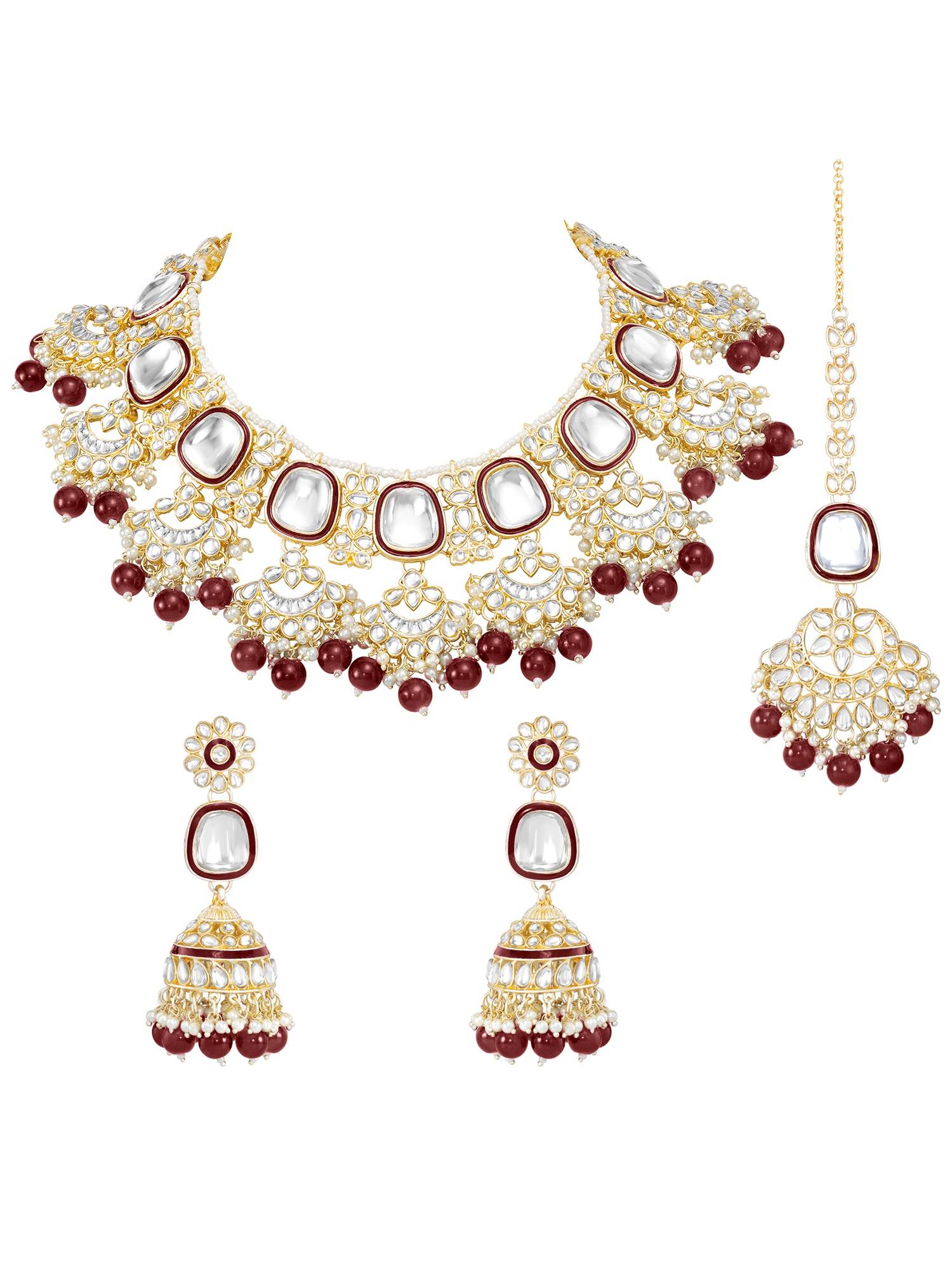 Peora Gold Plated Kundan and Maroon Beads Studded Jewellery Set