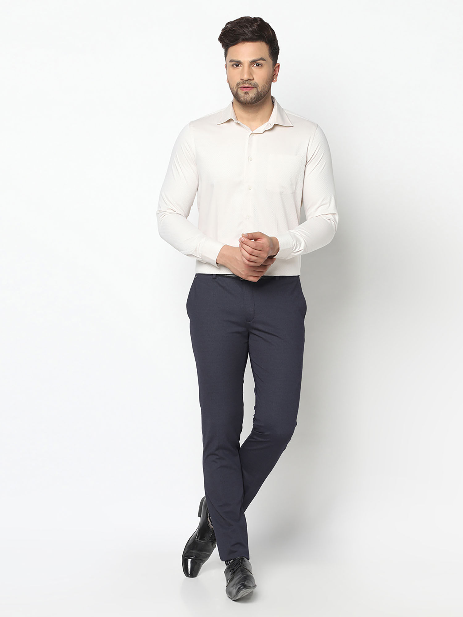 Buy BLACKBERRYS Navy Printed Polyester Viscose Slim Fit Men's Work Wear  Trousers | Shoppers Stop