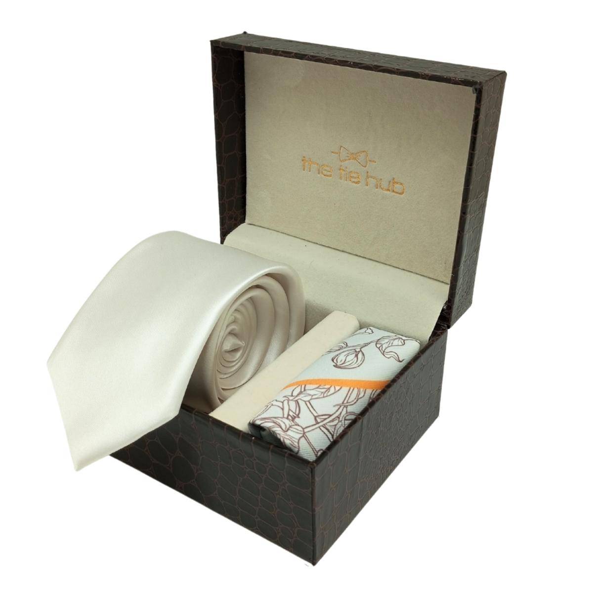 The Tie Hub Solid Cream Microfiber Neck Tie with Pocket Square Combo Set