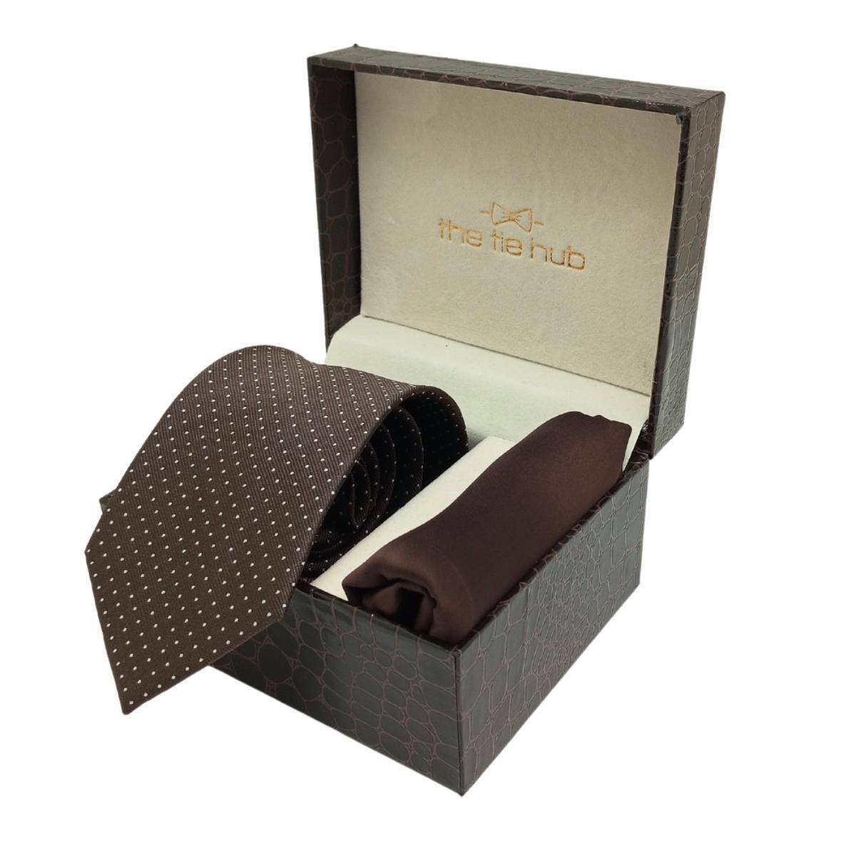 The Tie Hub Brown Polka Microfiber Neck Tie with Solid Pocket Square Combo Set