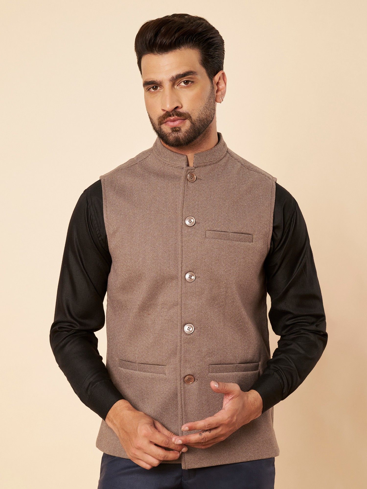 Buy Zamour Brown Men Wool Blend Mandarin Neck Nehru Jacket Online