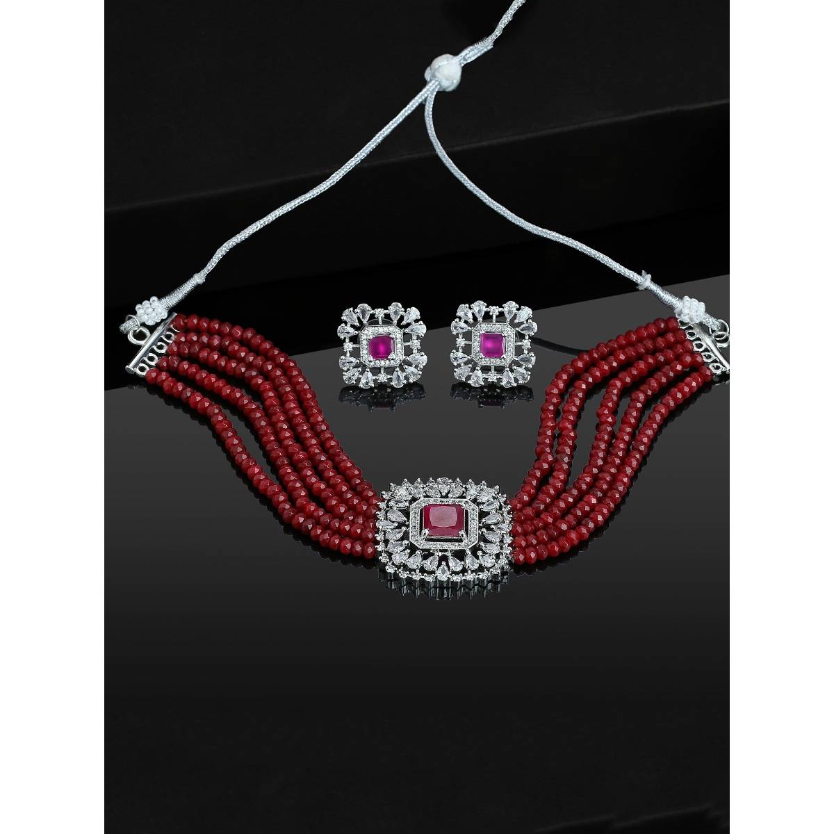 Estele Rhodium Plated CZ Square Choker Necklace Set with Green Emerald Beads for Women