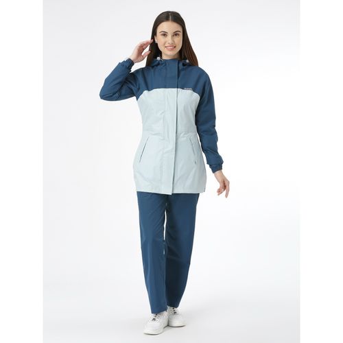 ZEEL Premium Colorblock Dark Teal Women Rain Jacket with Pant (Set of 2) (L)