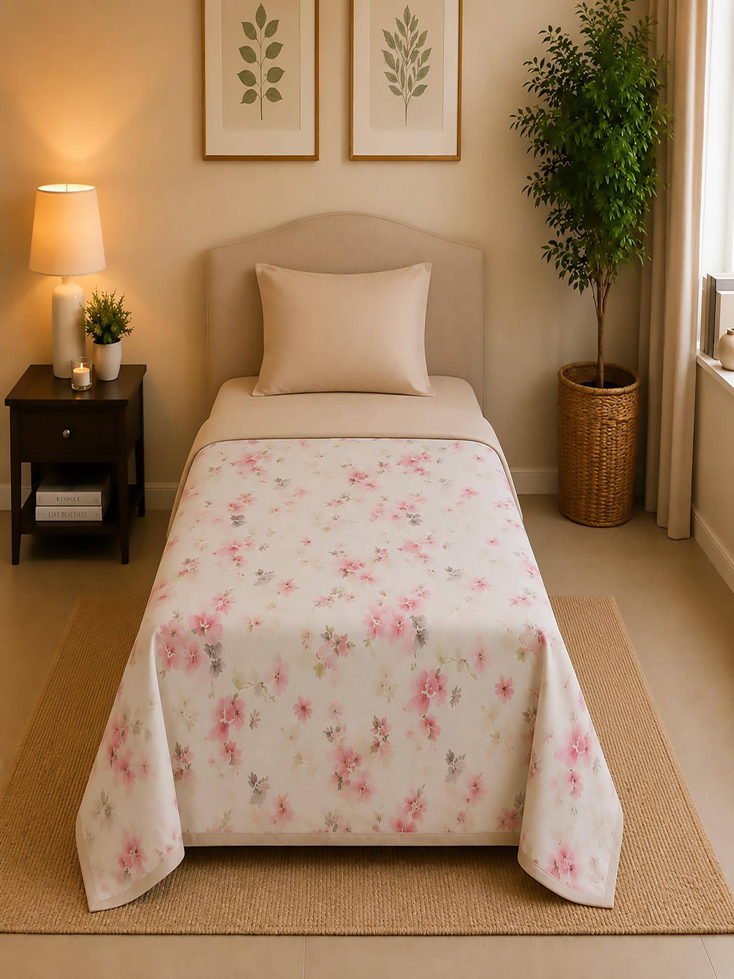 Linen Home Reversible Dohar Single Size Floral Pink and Sand Shell