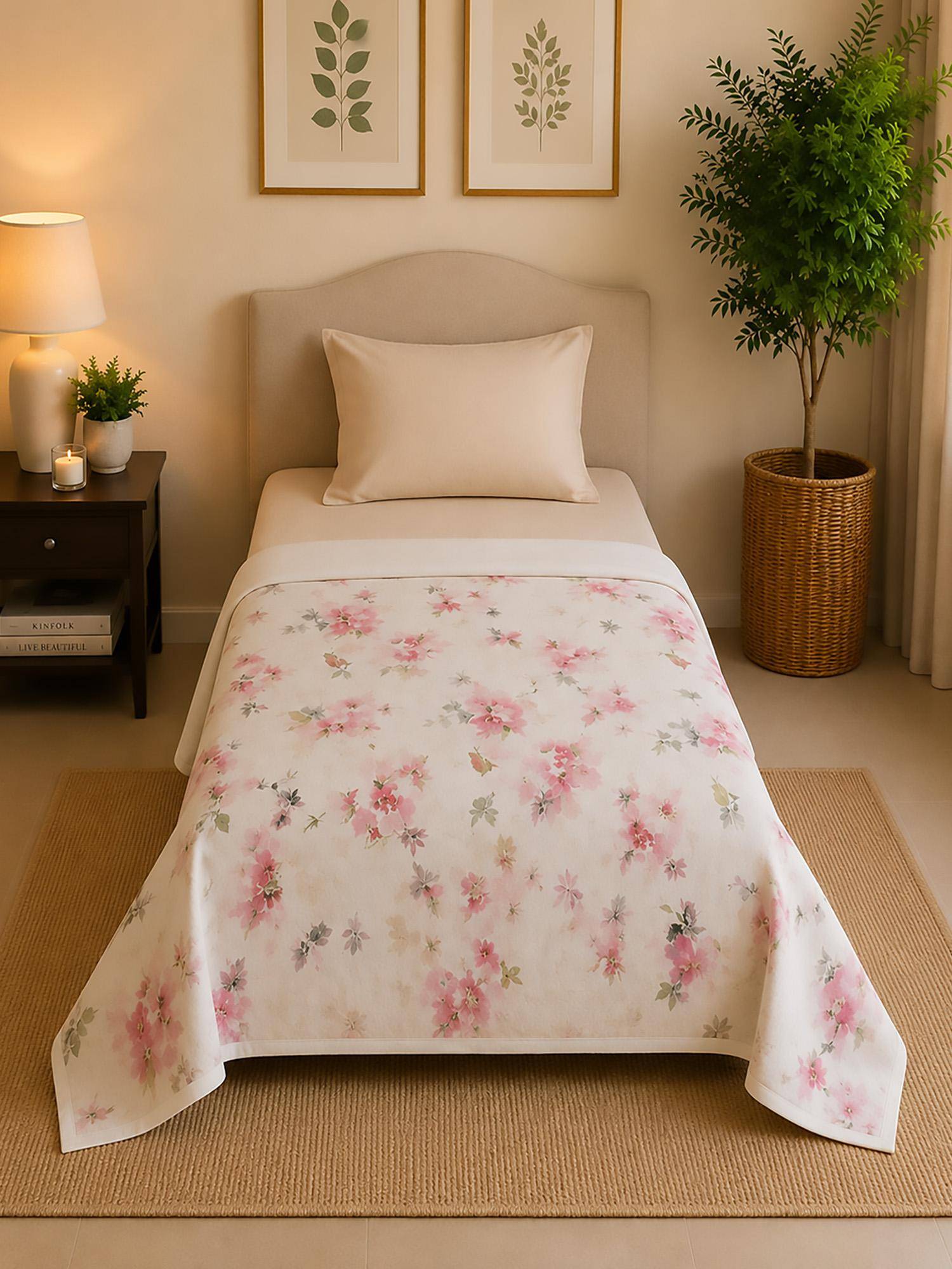 Linen Home Reversible Dohar Single Size Floral Pink and White