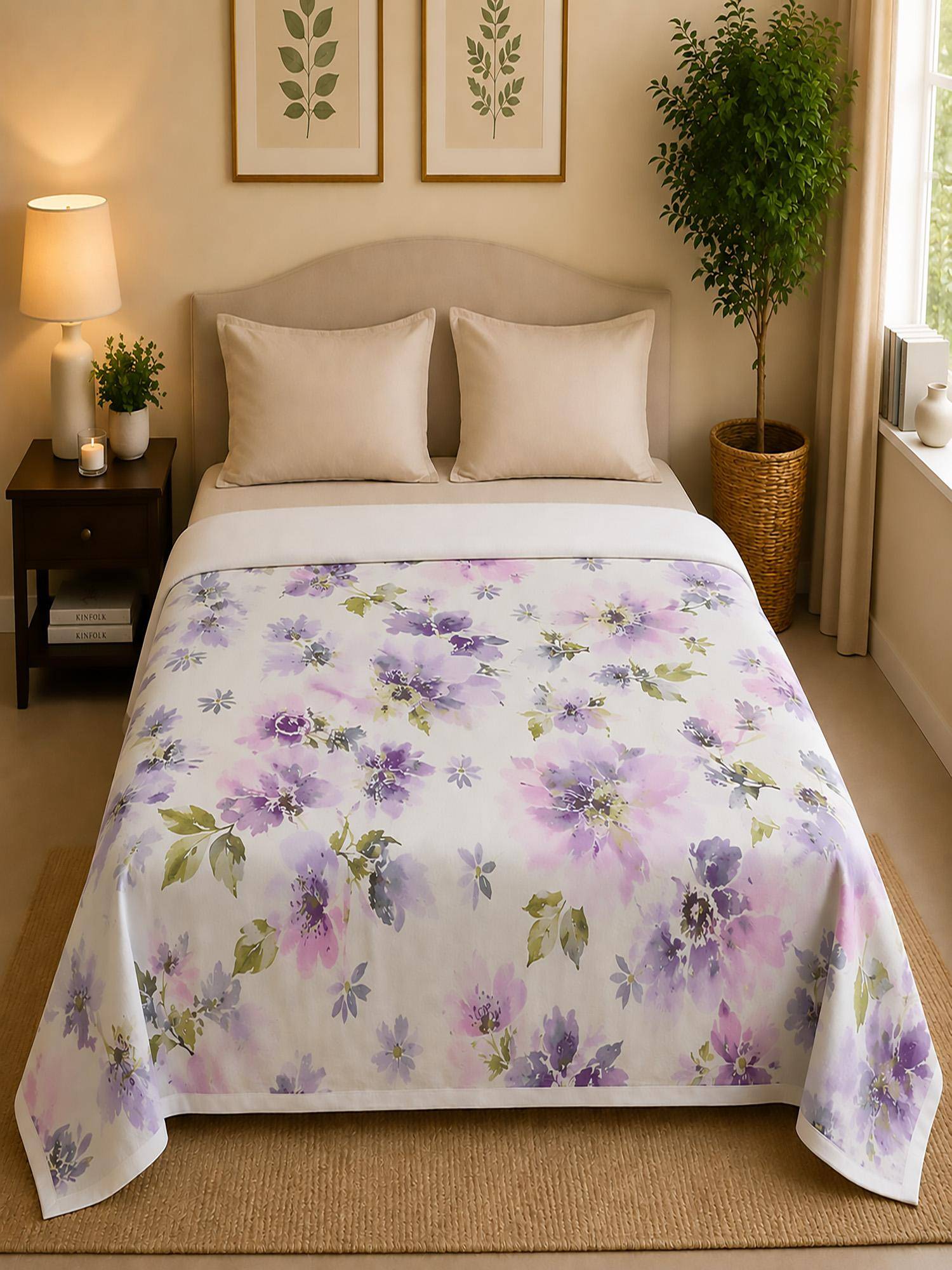 Linen Home Reversible Dohar Double Size Floral Purple and White
