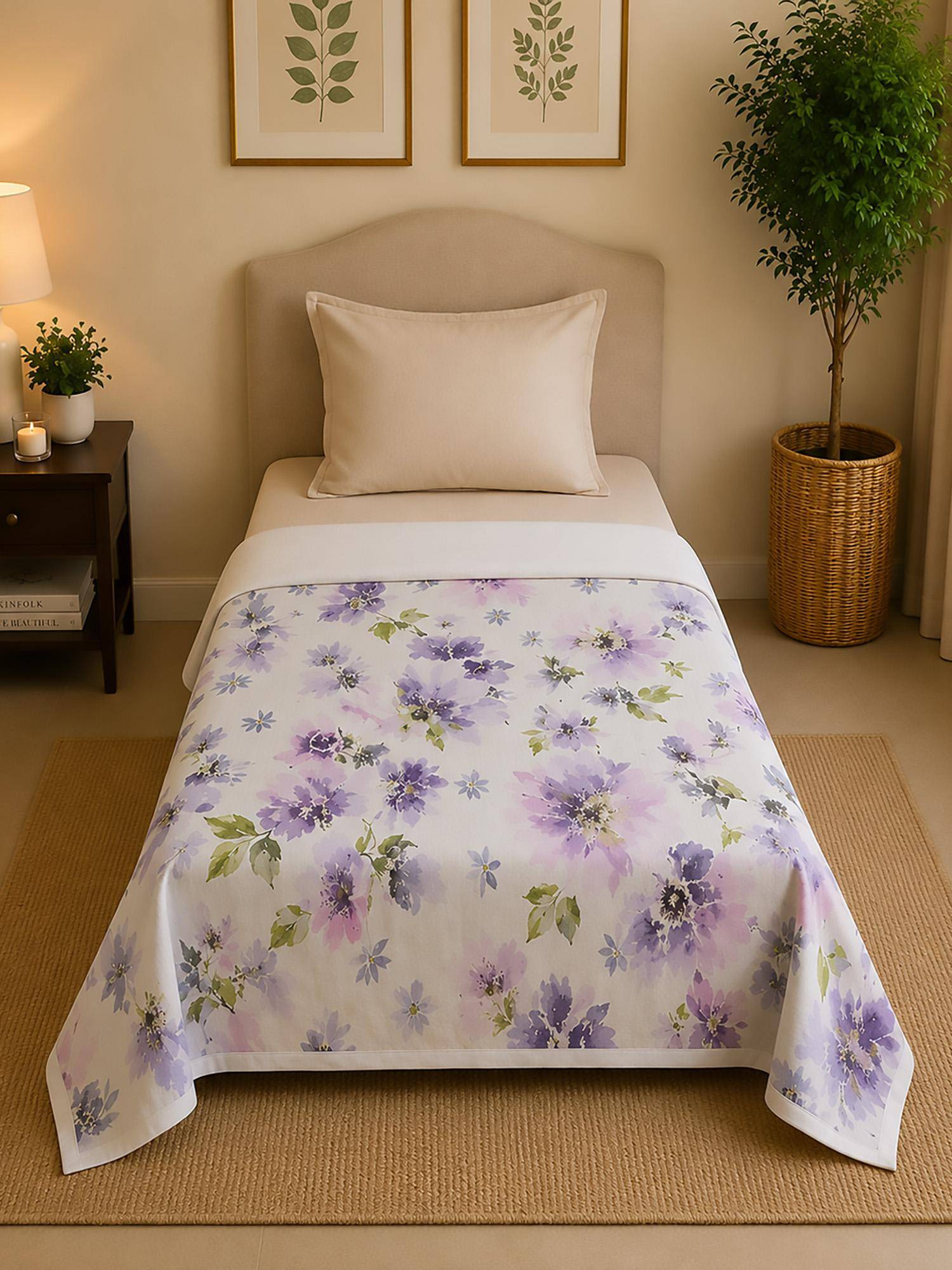 Linen Home Reversible Dohar Single Size Floral Purple and White