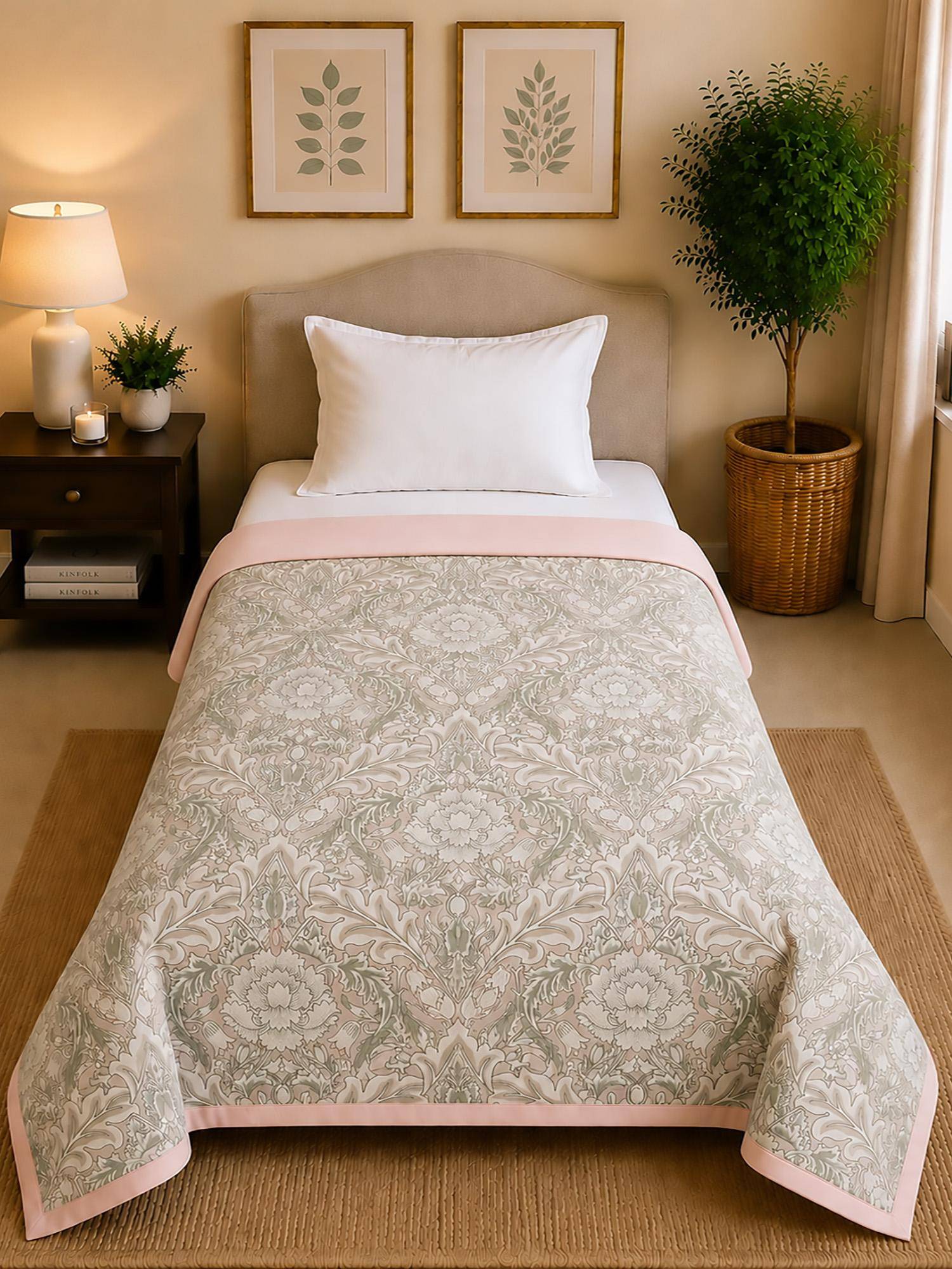 Linen Home Reversible Dohar Single Size Damask Pink and Brushed Rose