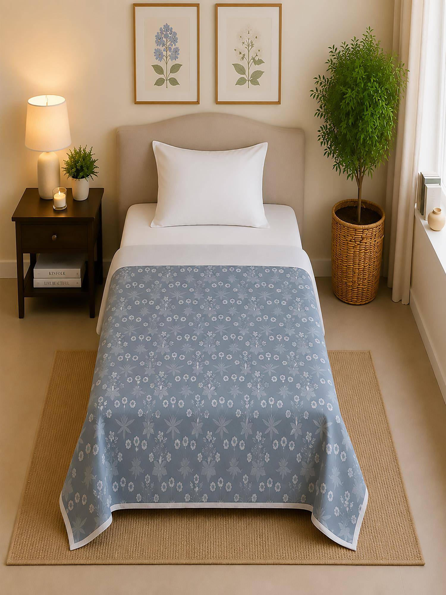 Linen Home Reversible Dohar Single Size Floral Blue and Silver
