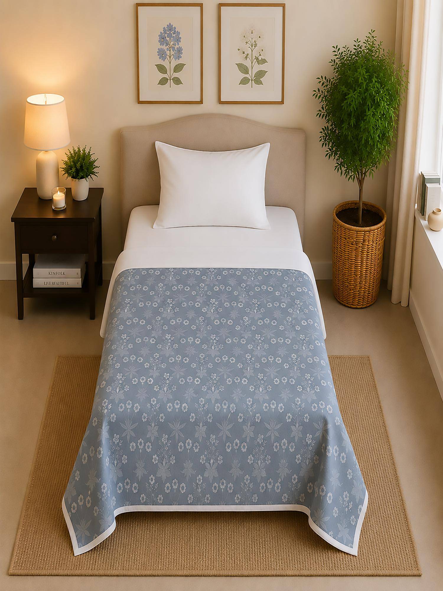 Linen Home Reversible Dohar Single Size Floral Blue and White