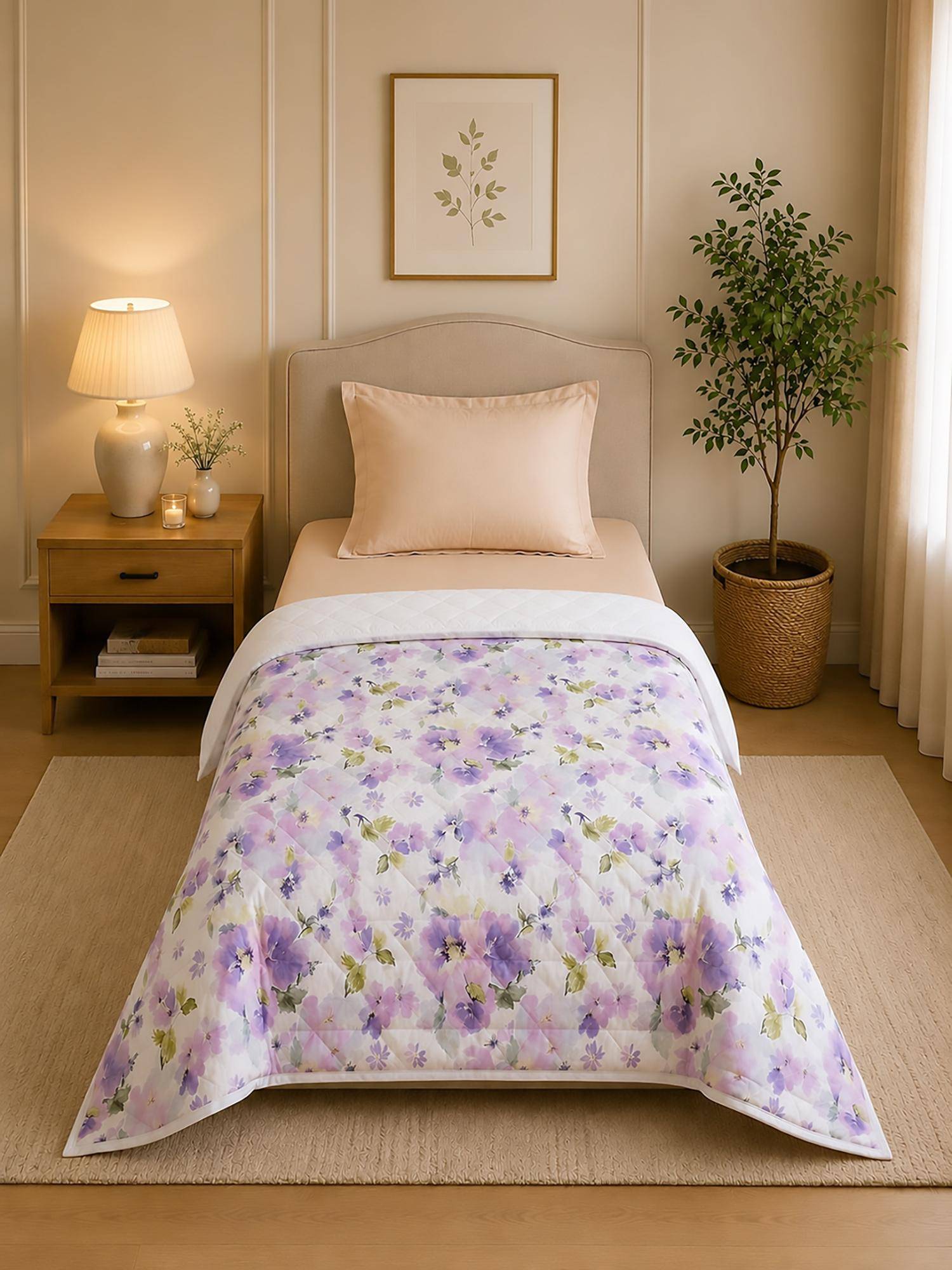 Linen Home Cotton Reversible Ac Blanket Single Size Floral Purple and White