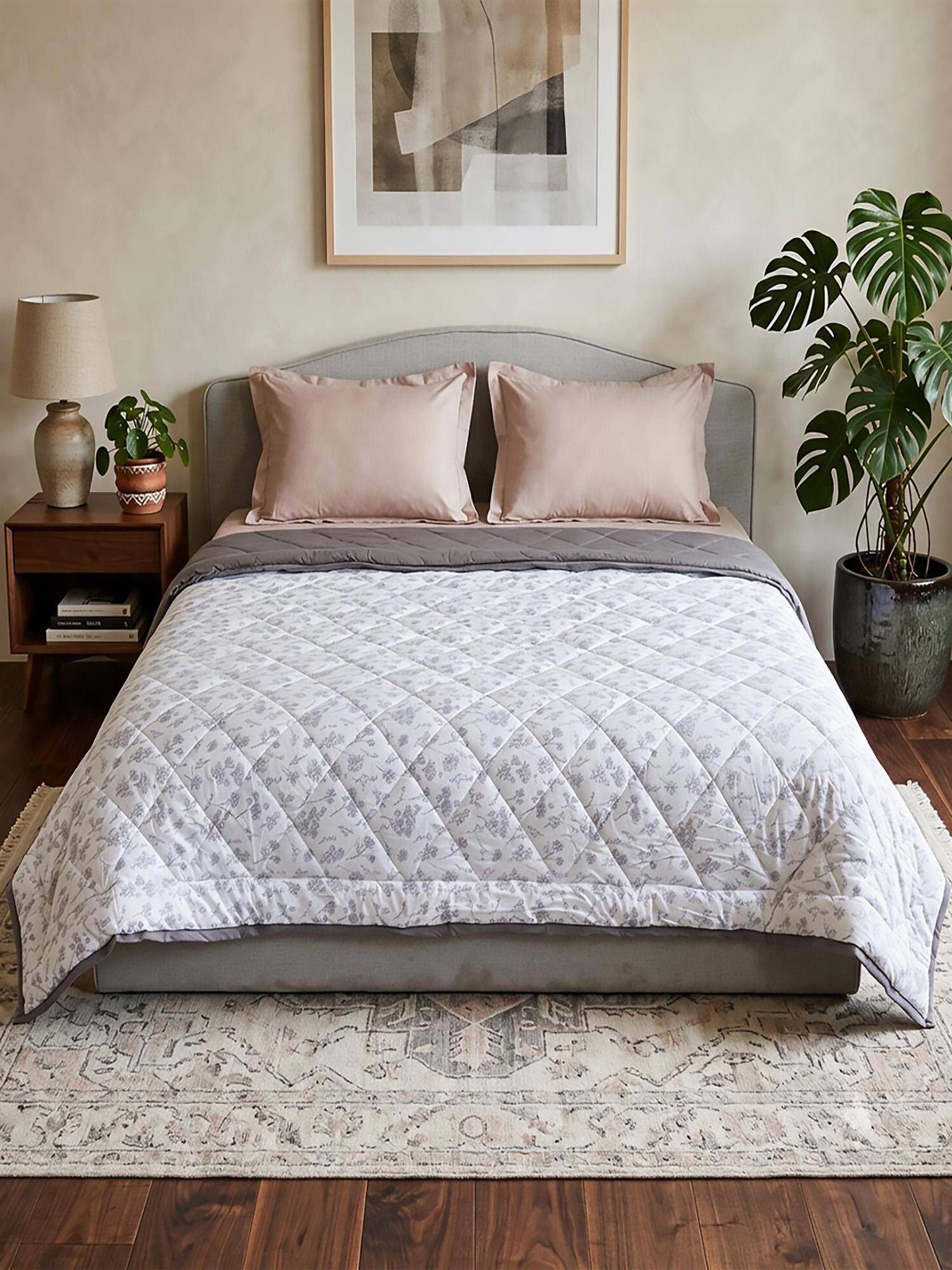 Linen Home Cotton Reversible Ac Blanket Double Size Floral Grey