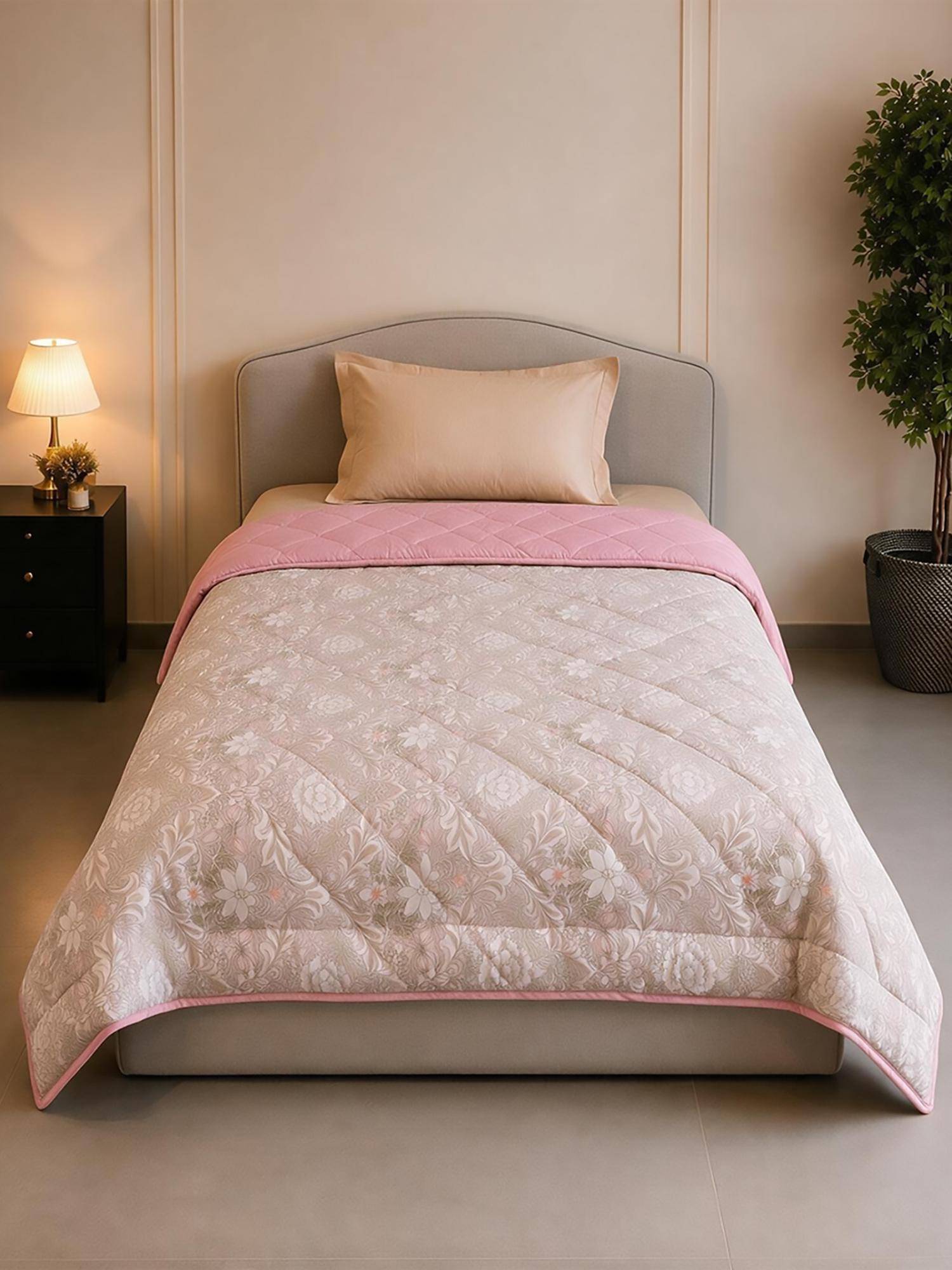 Linen Home Cotton Reversible Ac Blanket Single Bed Damask Pink and Rose