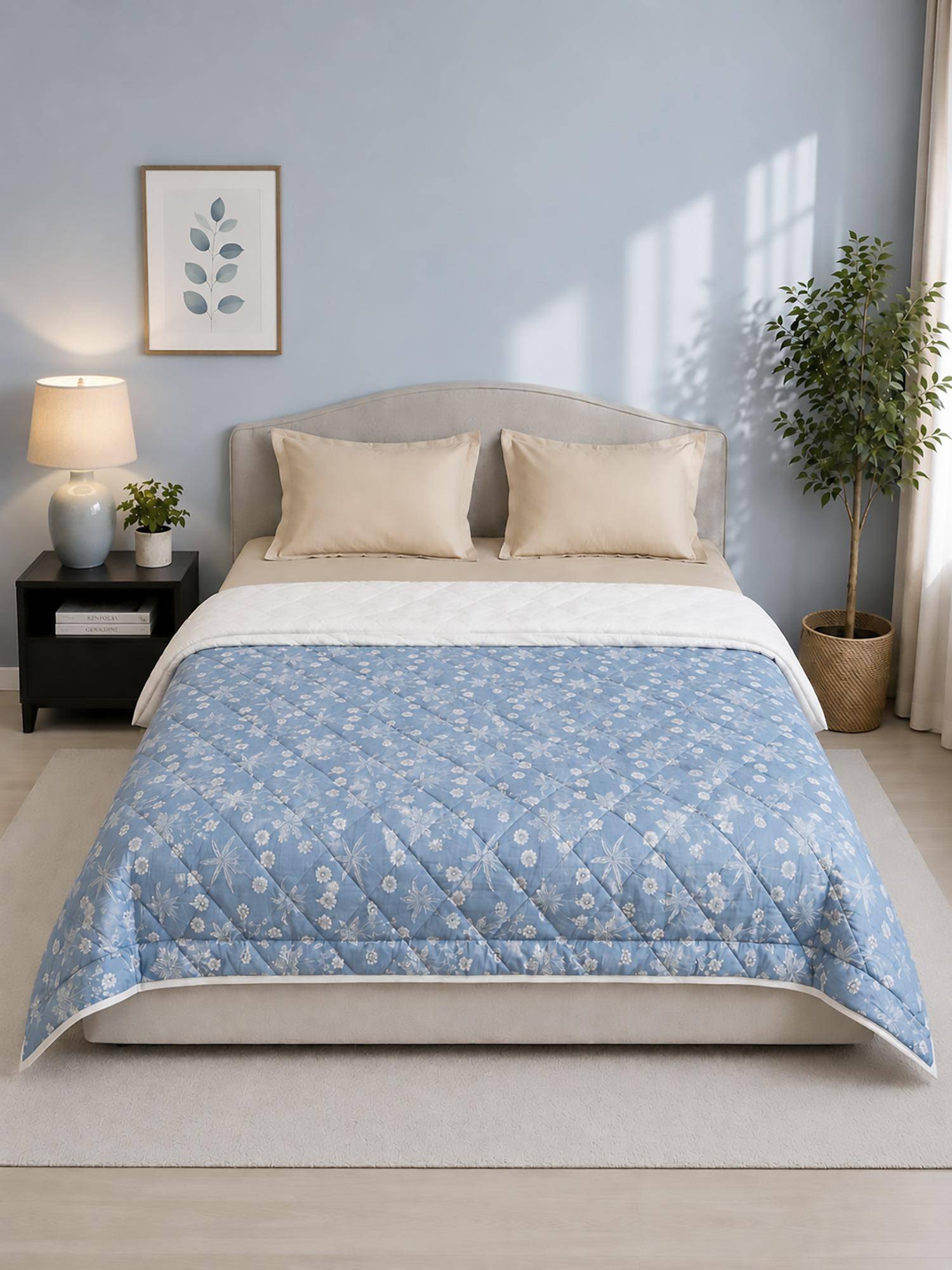 Linen Home Cotton Reversible Ac Blanket Double Size Floral Blue and White