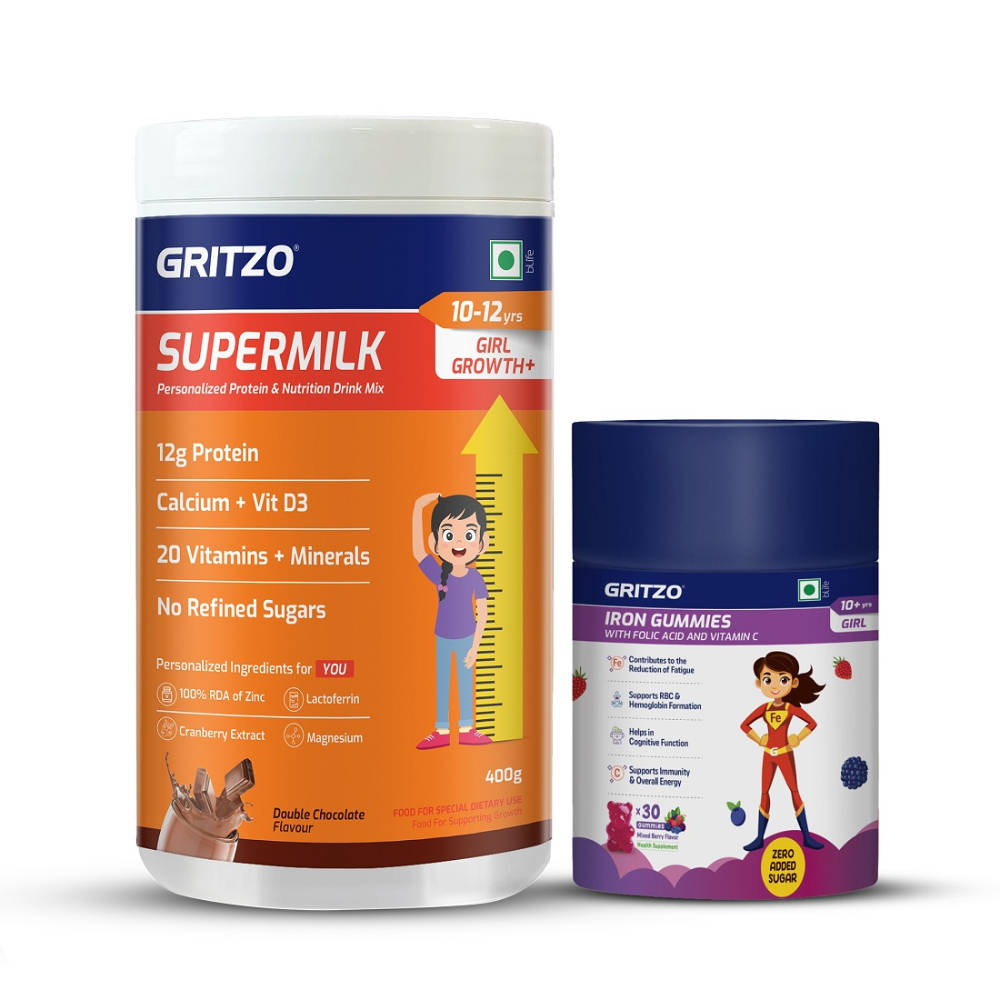 Gritzo Supermilk Growth+ (10-12Y Girl) (Double Chocolate) & Iron Gummies (Mixed Berry)