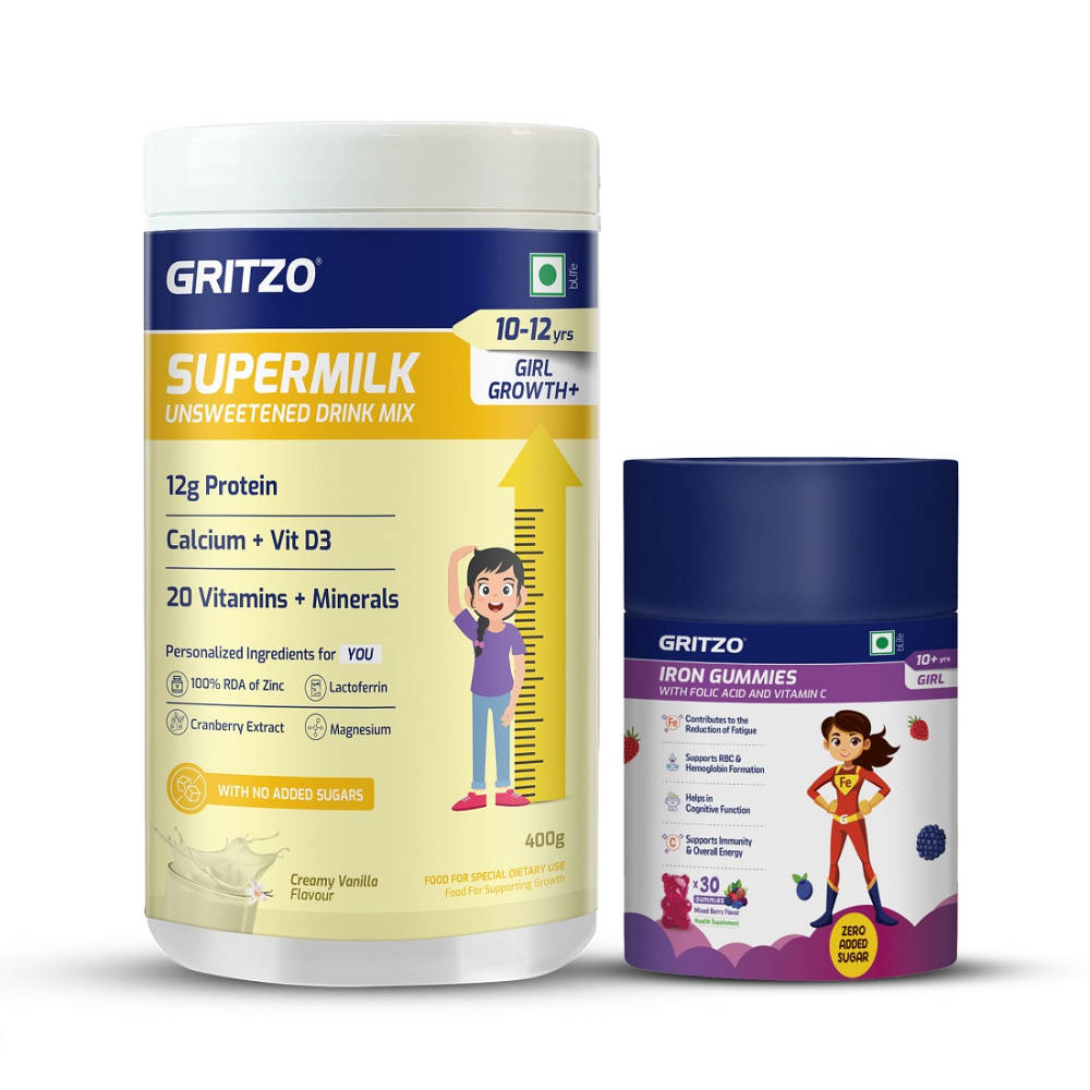 Gritzo Supermilk Growth+ Unsweetened (10-12Y Girl) (Creamy Vanilla) & Iron Gummies (Mixed Berry)
