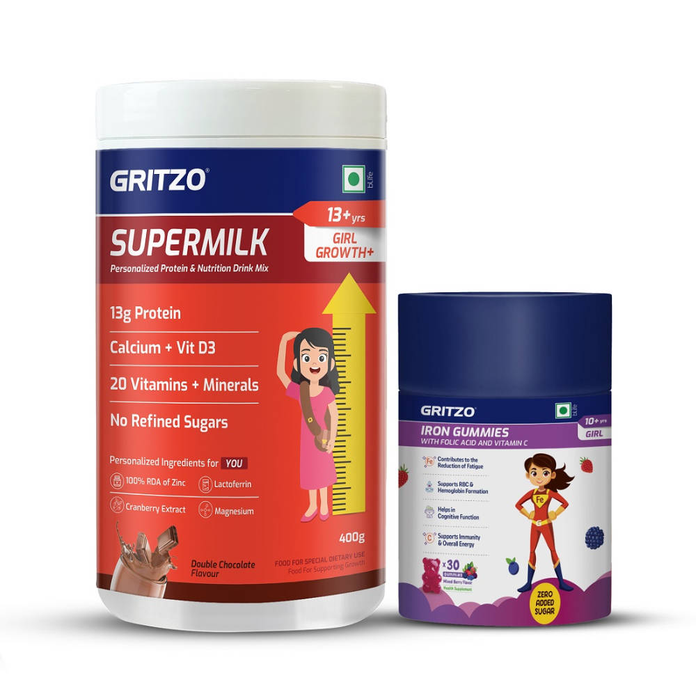 Gritzo Supermilk Growth+(13+Y Girls) (Double Chocolate) & Iron Gummies (Mixed Berry)