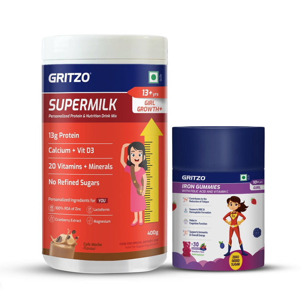 Gritzo Supermilk Growth+(13+Y Girls) (Cafe Mocha) With Iron Gummies (Mixed Berry)