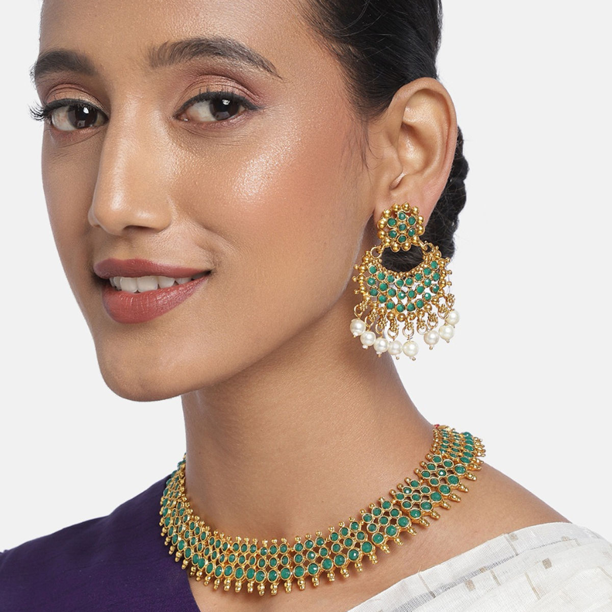 Zaveri Pearls Green Stones South Indian Style Traditional Necklace