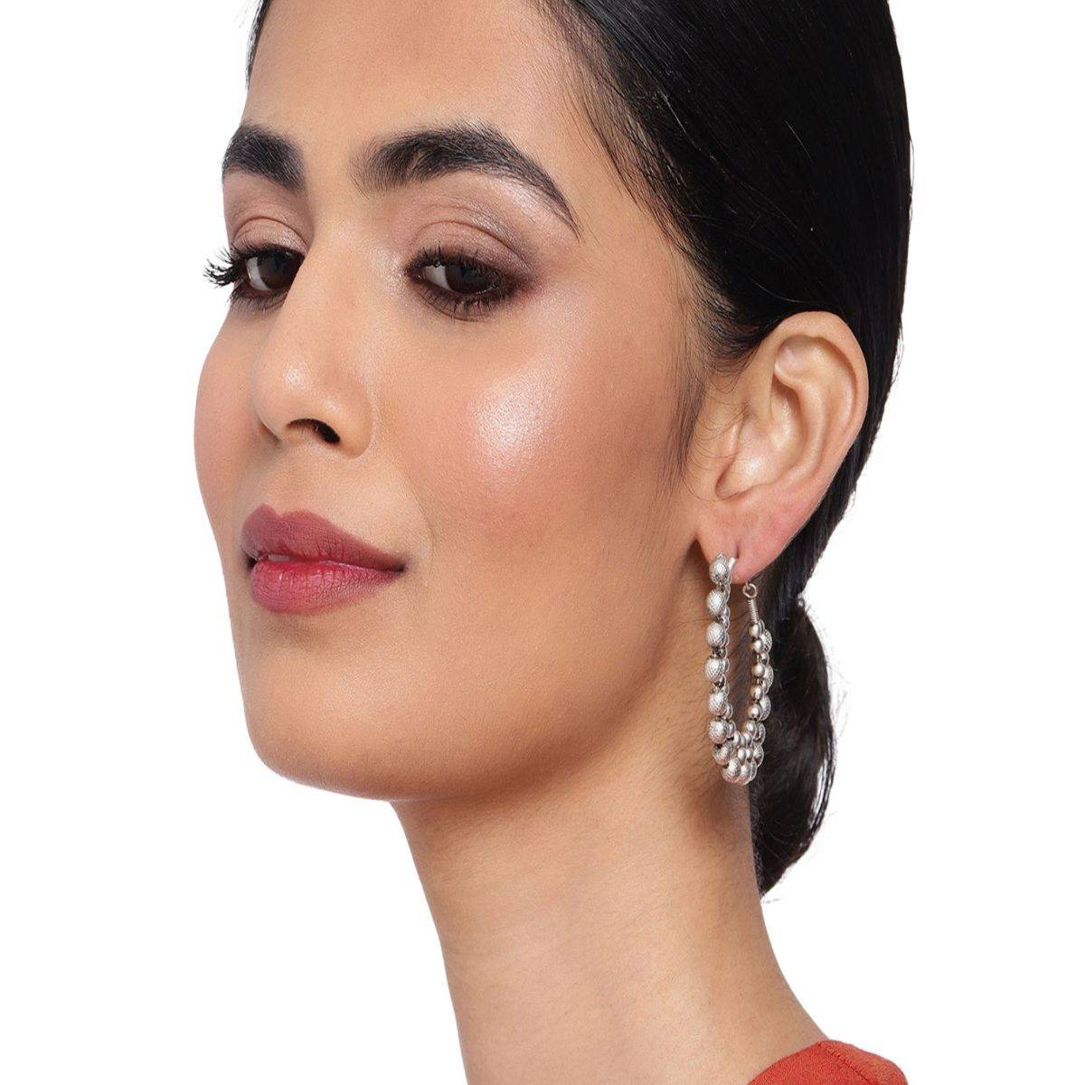 AccessHer Women Silver Plated Handcrafted Hoop Earrings For Women & Girls - Silver