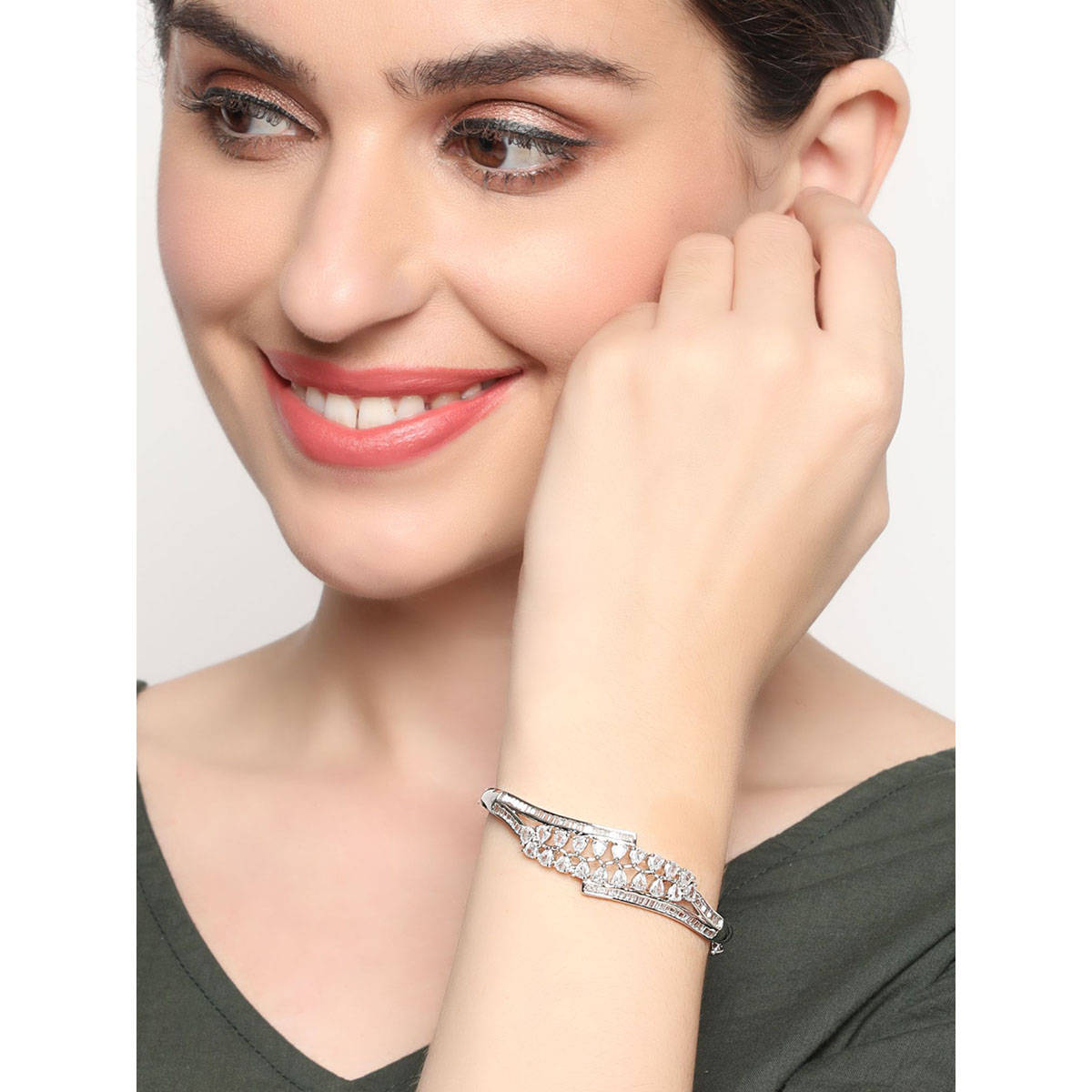 Aatmana Silver-Plated American Diamond Studded Bangle style Bracelet