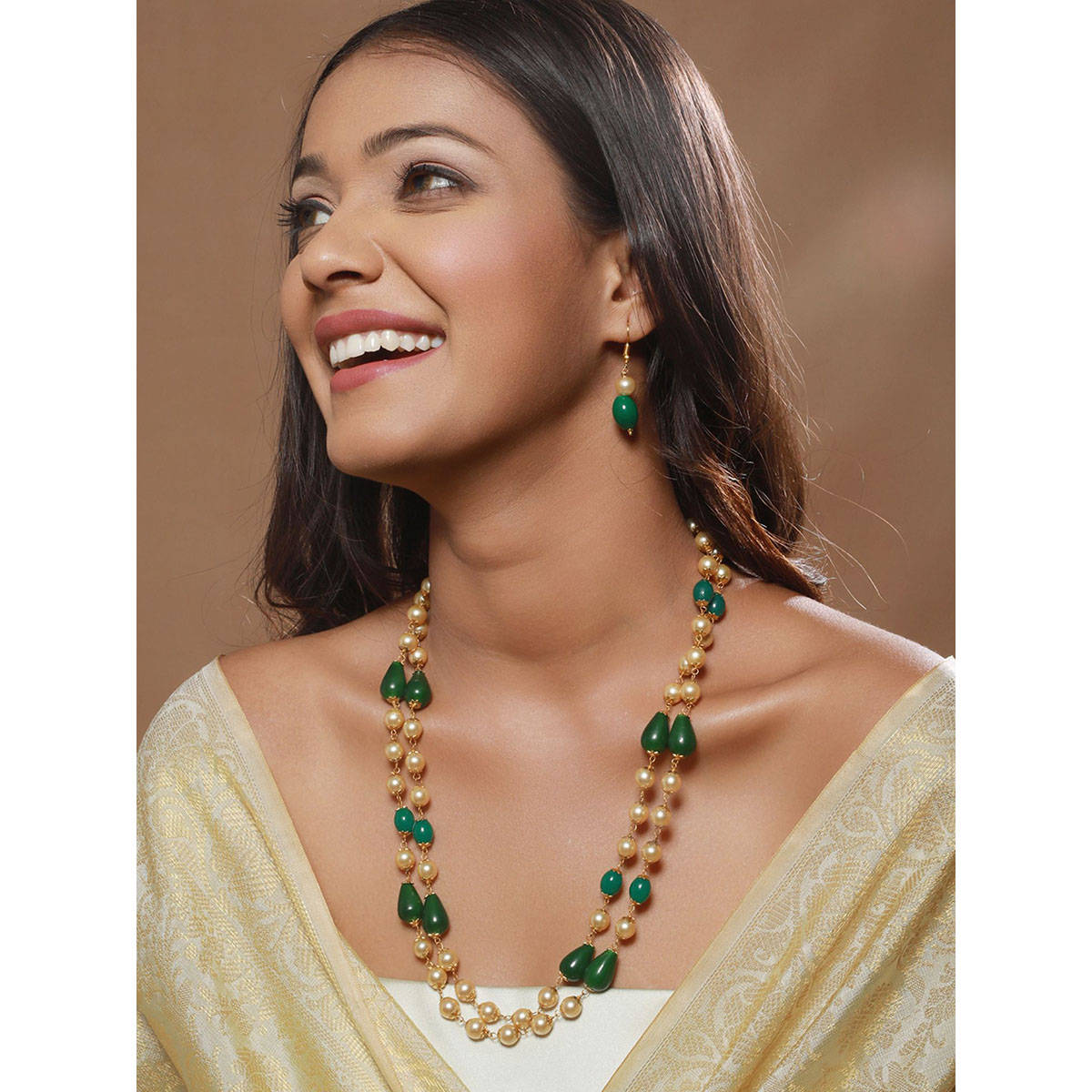 Aatmana Women Gold-Toned & Green Brass Gold-Plated Layered Necklace