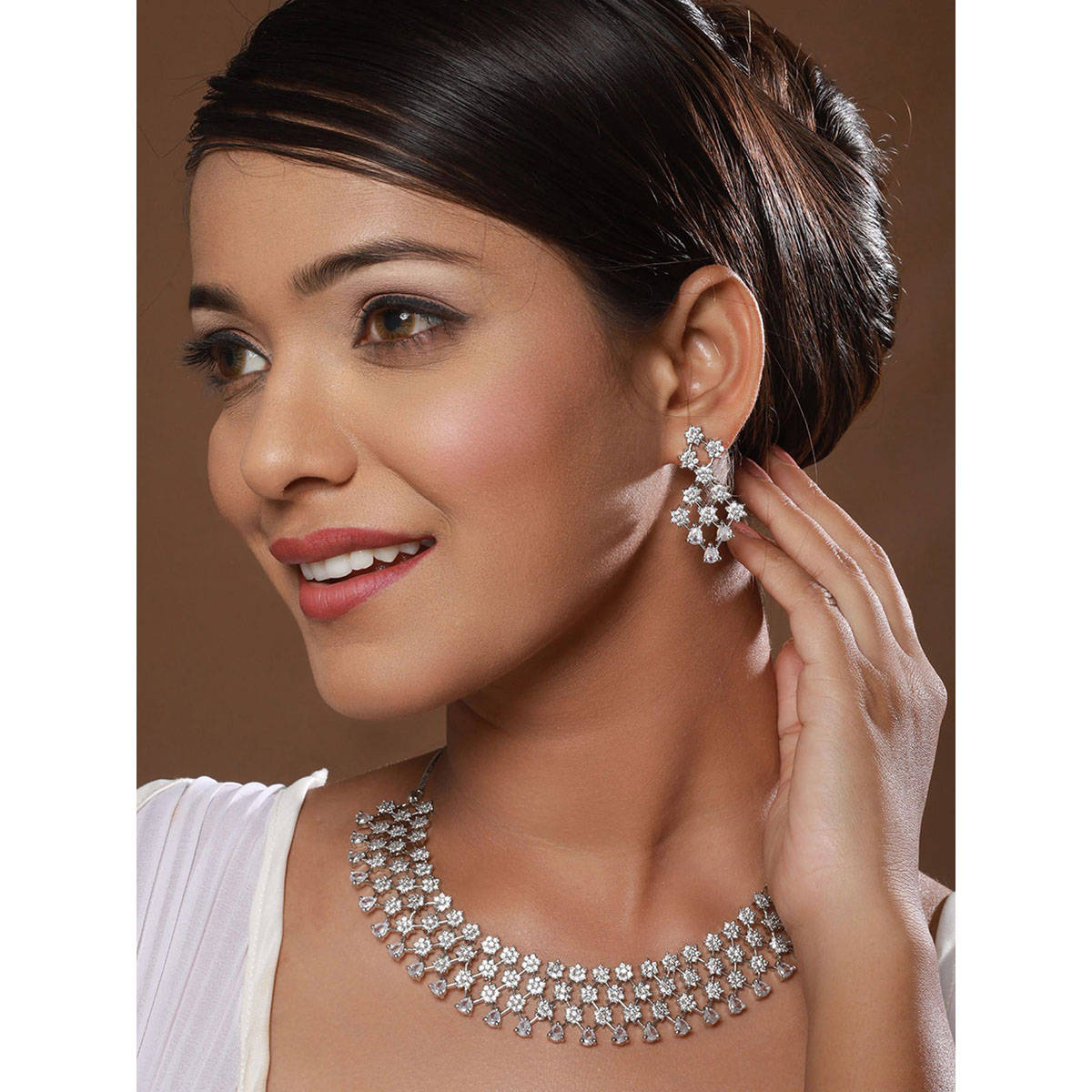 Aatmana Silver-Plated White AD-Studded Handcrafted Jewellery Set