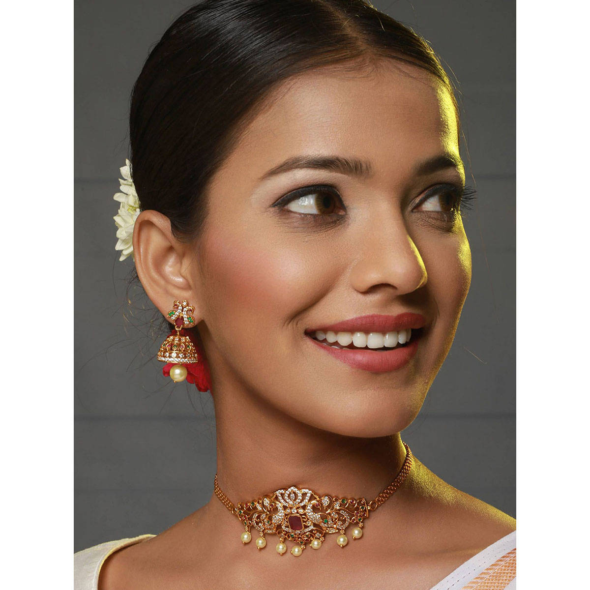 Aatmana 24K Gold-Plated White American Diamond Studded Green & Pink Stone Temple Jewelry Set