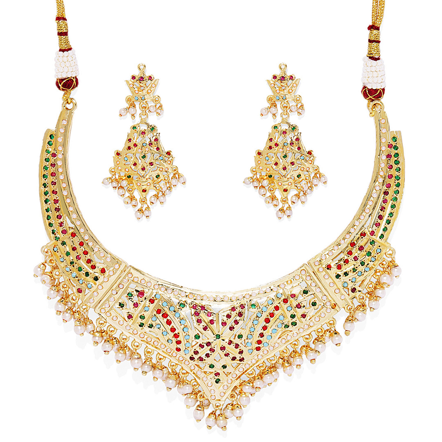 Buy AccessHer Gold-Plated Pearl-Studded Polki Jadua Jewellery Set Online