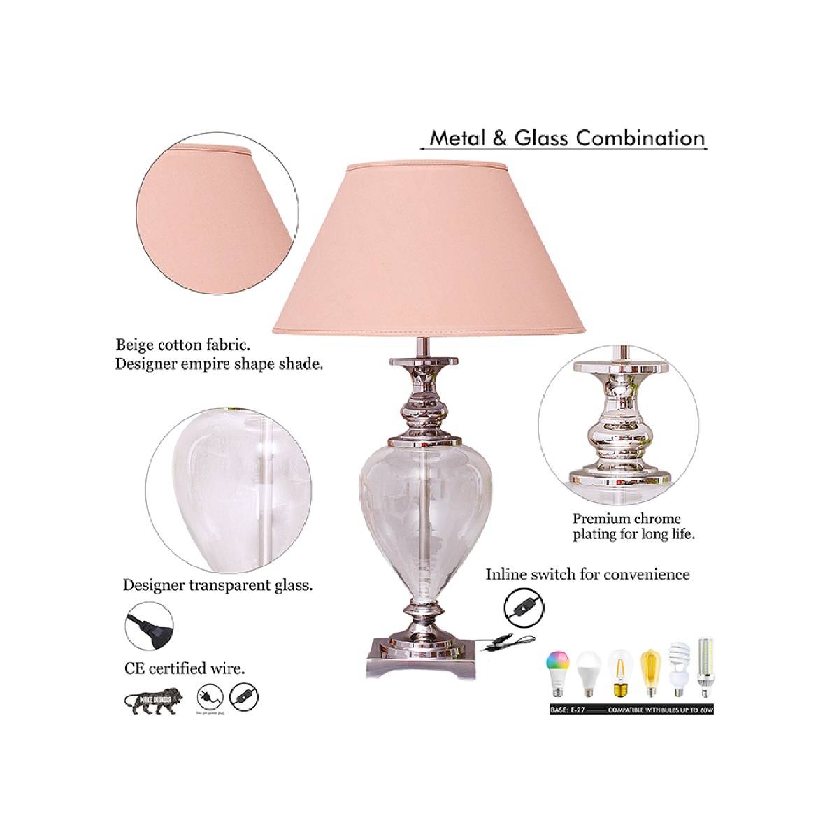 Buy Kapoor Lamp Shades Zucchero Metal and Glass Table Lamp with Beige ...