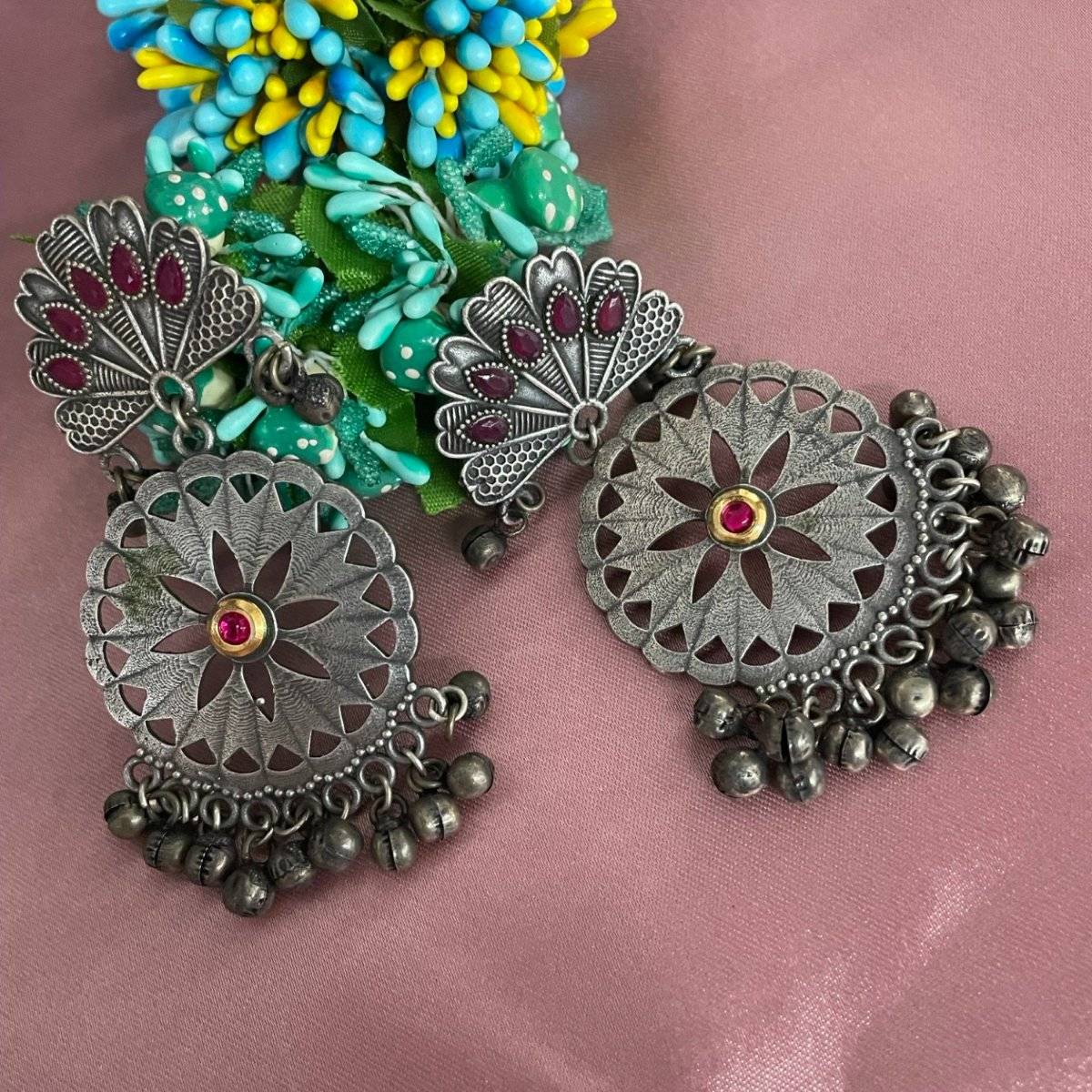 Digital Dress Room Oxidized Silver Floral Designs Earrings