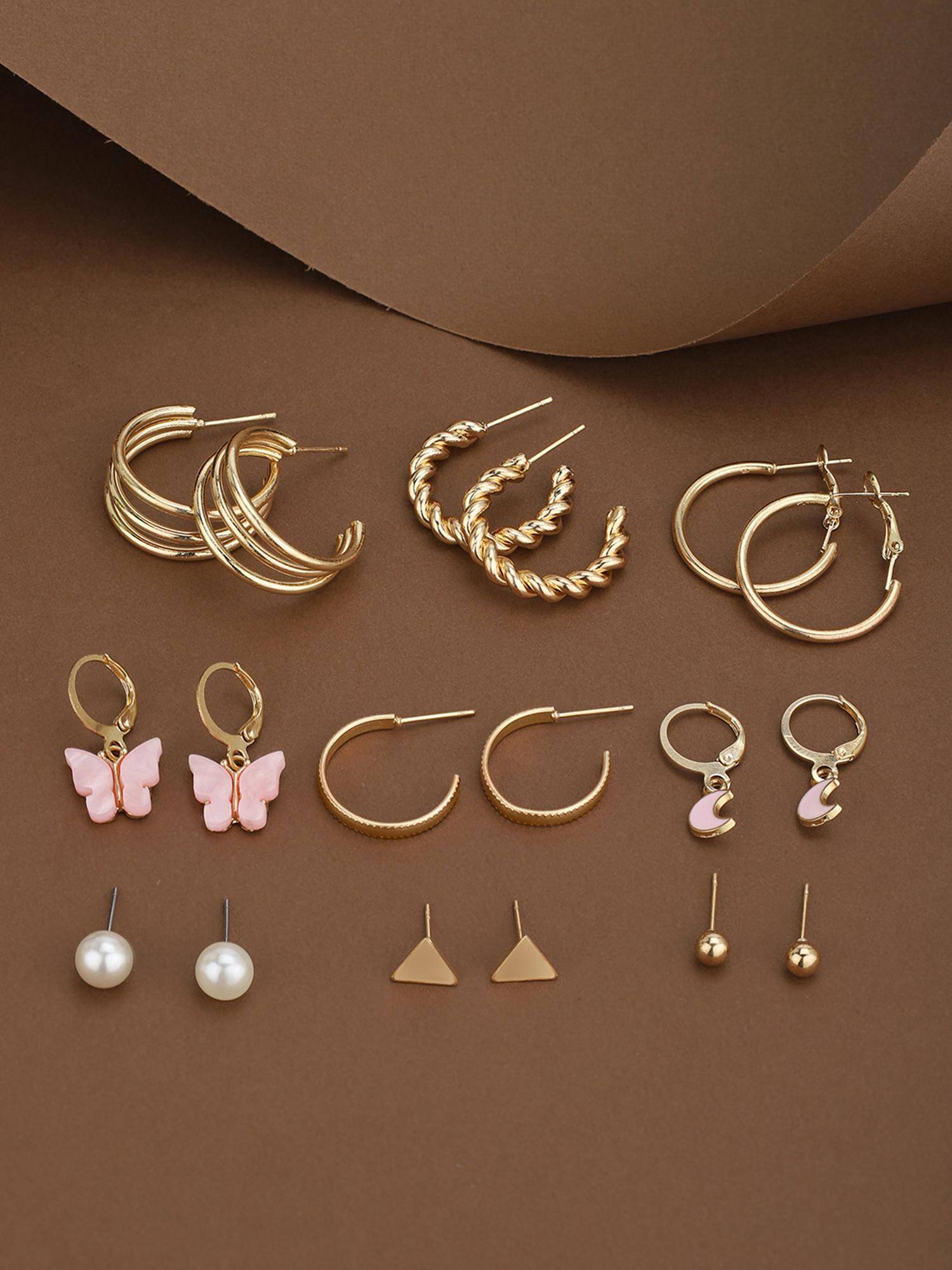 Carlton London Gold Plated Pearl Butterfly-Crescent Moon Enamel Earrings (Pack Of 9)