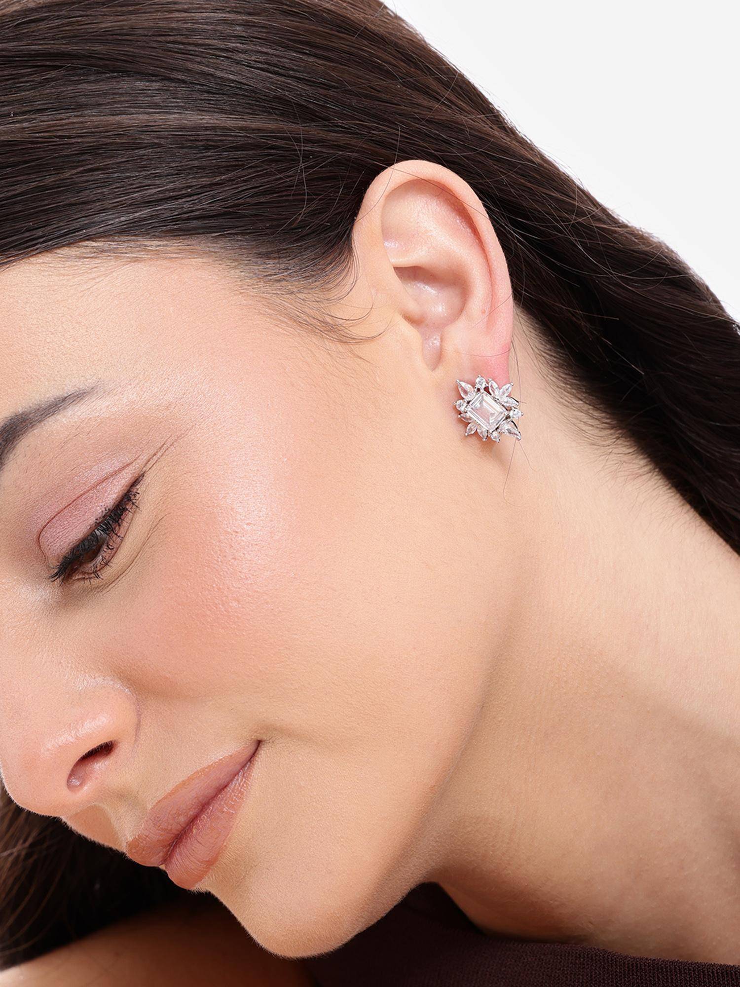 Carlton London Silver Plated Sparkling Baguette Solitaire Cz Statement Studs