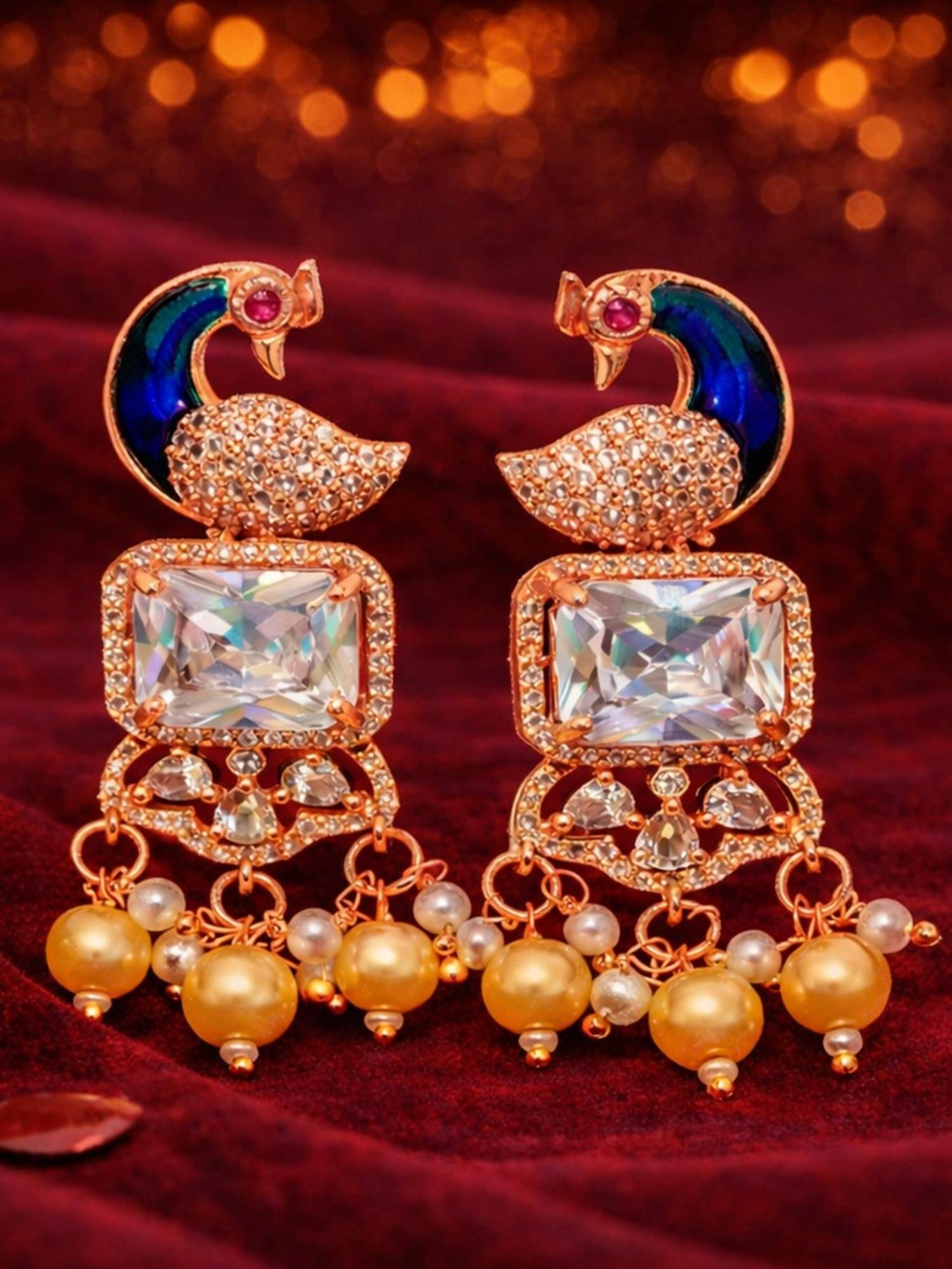 Estele Rose Gold Peacock White CZ Dangle Earrings